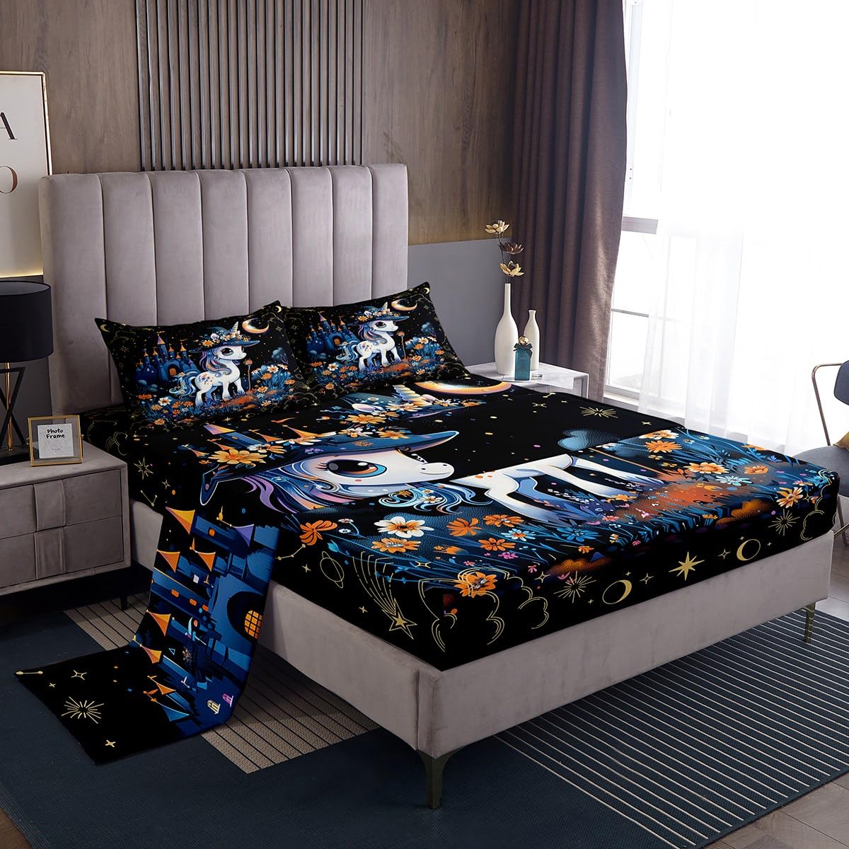 Halloween Unicorn Fitted Sheet Set Full Size 4 Pcs,Cartoon Animals Teens Sheets,Mysterious Castle Flower Starry Sky Bedding Sets (1 Fitted,1 Flat,2 Pillowcases)