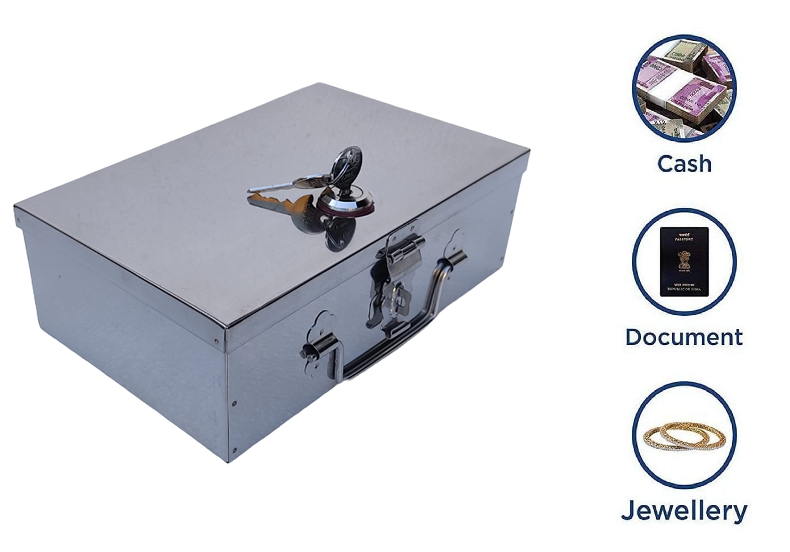 GinoSet® Stainless Steel Cash/Jewellery/Coin Storage Rectangular Silver Boxes with Pre-Fitted Lock (10" X 7" X 3") 1