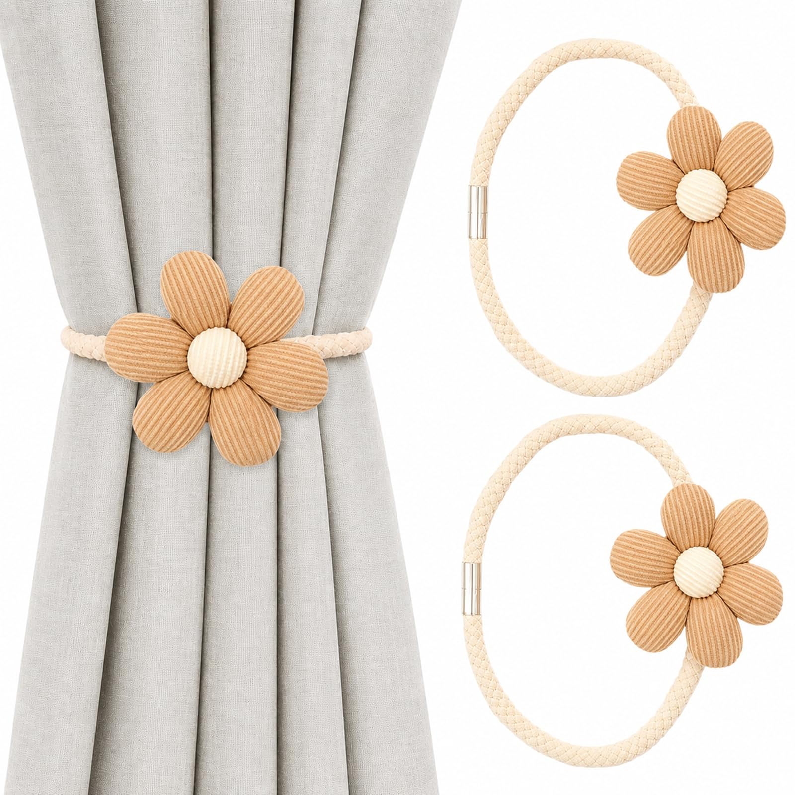 2-Pack Magnetic Curtain Tie Backs, Flower Rope Holders, Coffee, 42 cm