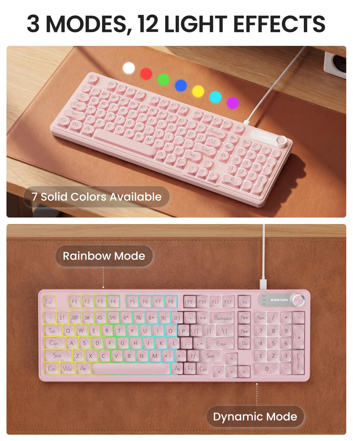 EWEADN V102 Przewodowa klawiatura, 98 klawiszy, kremowa klawiatura do gier z klawiaturą numeryczną, ekranem wyświetlacza i pokrętłem multimediów, RGB, cicha, przewodowa, urocza klawiatura komputerowa