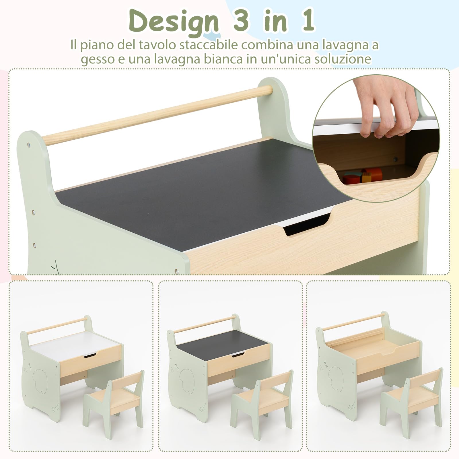 RELAX4LIFE Set Tavolo e Sedia 2 in 1 per Bambini, Scrivania in Legno con Piano Bifacciale Rimovibile, Ampio Spazio Archiviazione, Design Multifunzionale per Camera dei Bambini (Verde+Naturale)