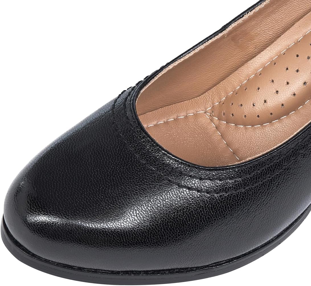 Mona flying Women's Leather Closed Round Toe 3 inch Chunky High Heel Pumps Formal Court Shoes Office Work Dress Shoes for Ladies - Image 3