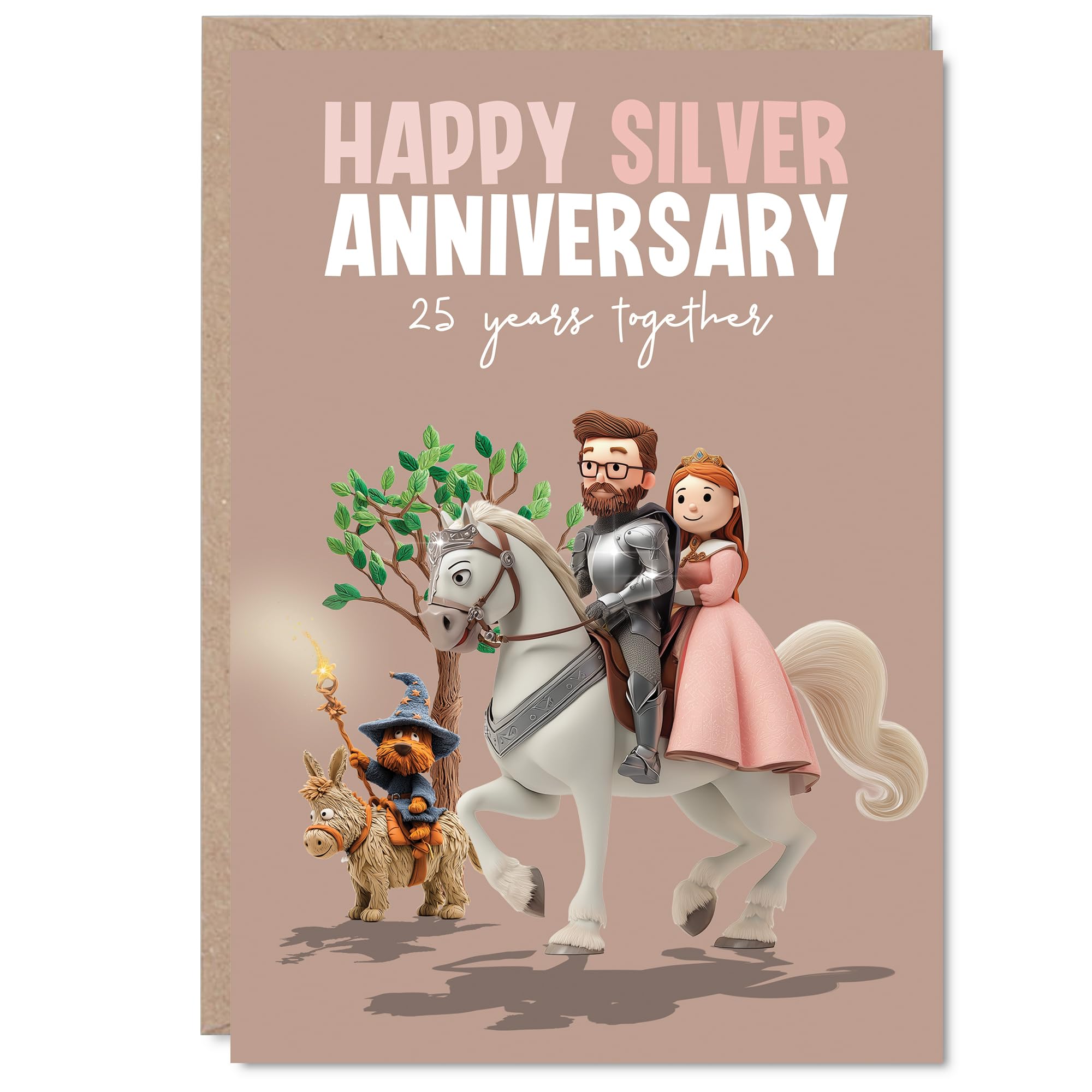 Playful 25th Anniversary Card - Whimsical Horse-riding Couple Illustration - Vibrant Pink and Green Fantasy Scene - Celebrates 25 Years of Laughter Together - A5, Envelope Included