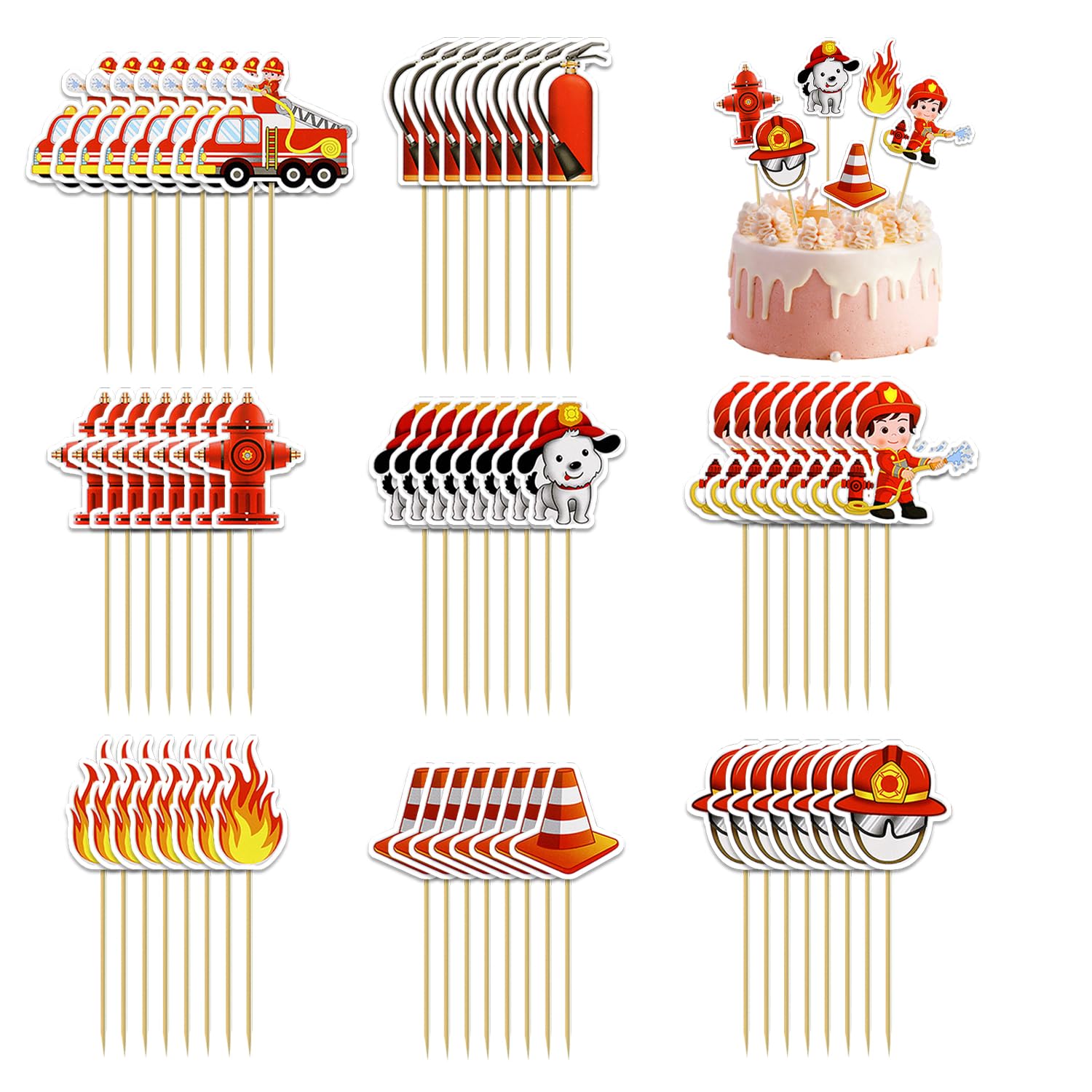 Rnskfg Multicolor 64 Pieces Cartoon Fire Plug-Ins, Firefighter Cake Card Insertion, Fun Paper Card Insertion, Birthday Party Decorations.
