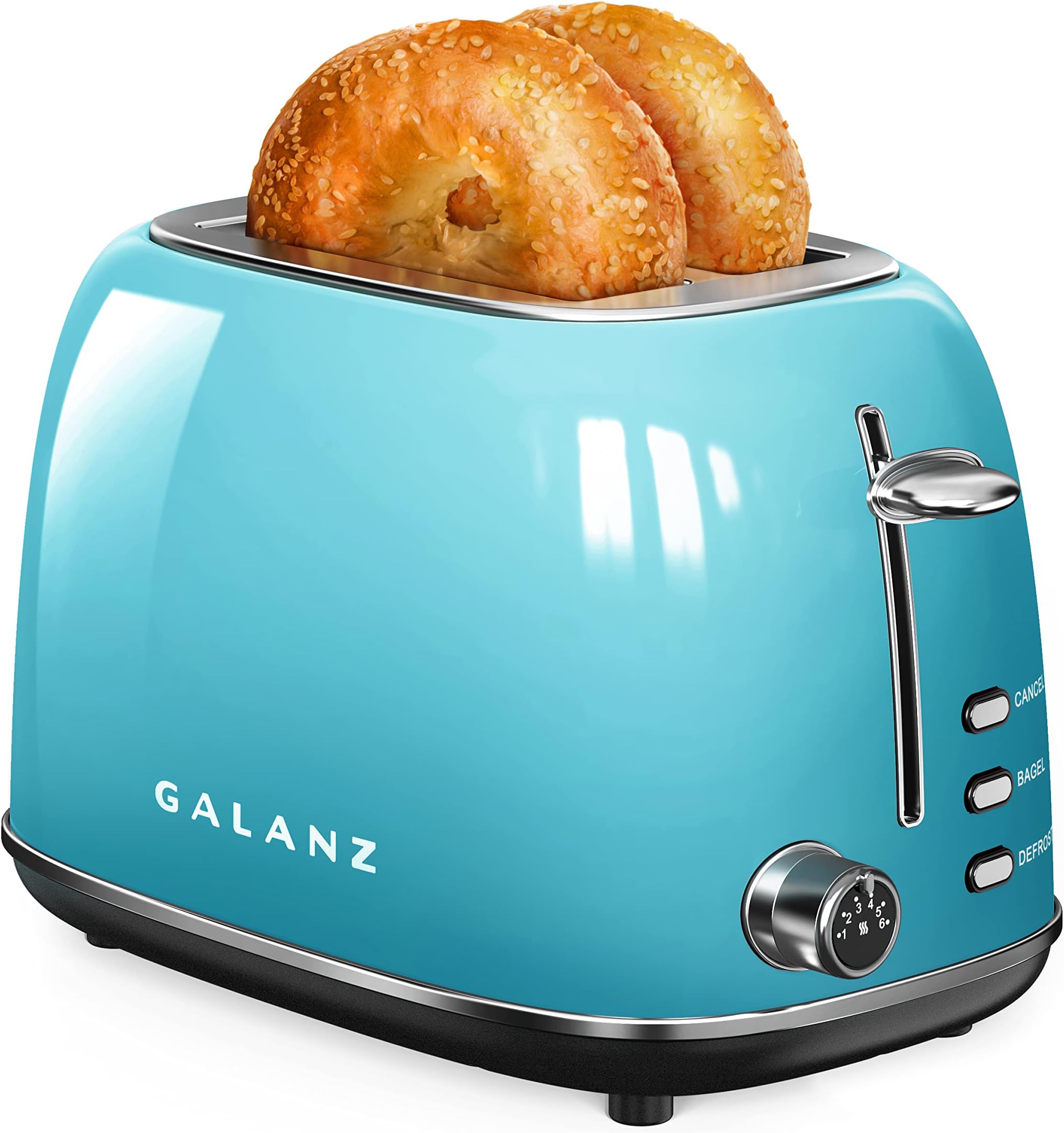 Galanz Retro 2-Slice Toaster, 1.5" Extra Wide Slots for Bagels & Thick Bread, Defrost and 6 Browning Levels, Includes a Dust Lid & Removable Crumb Tray, Blue