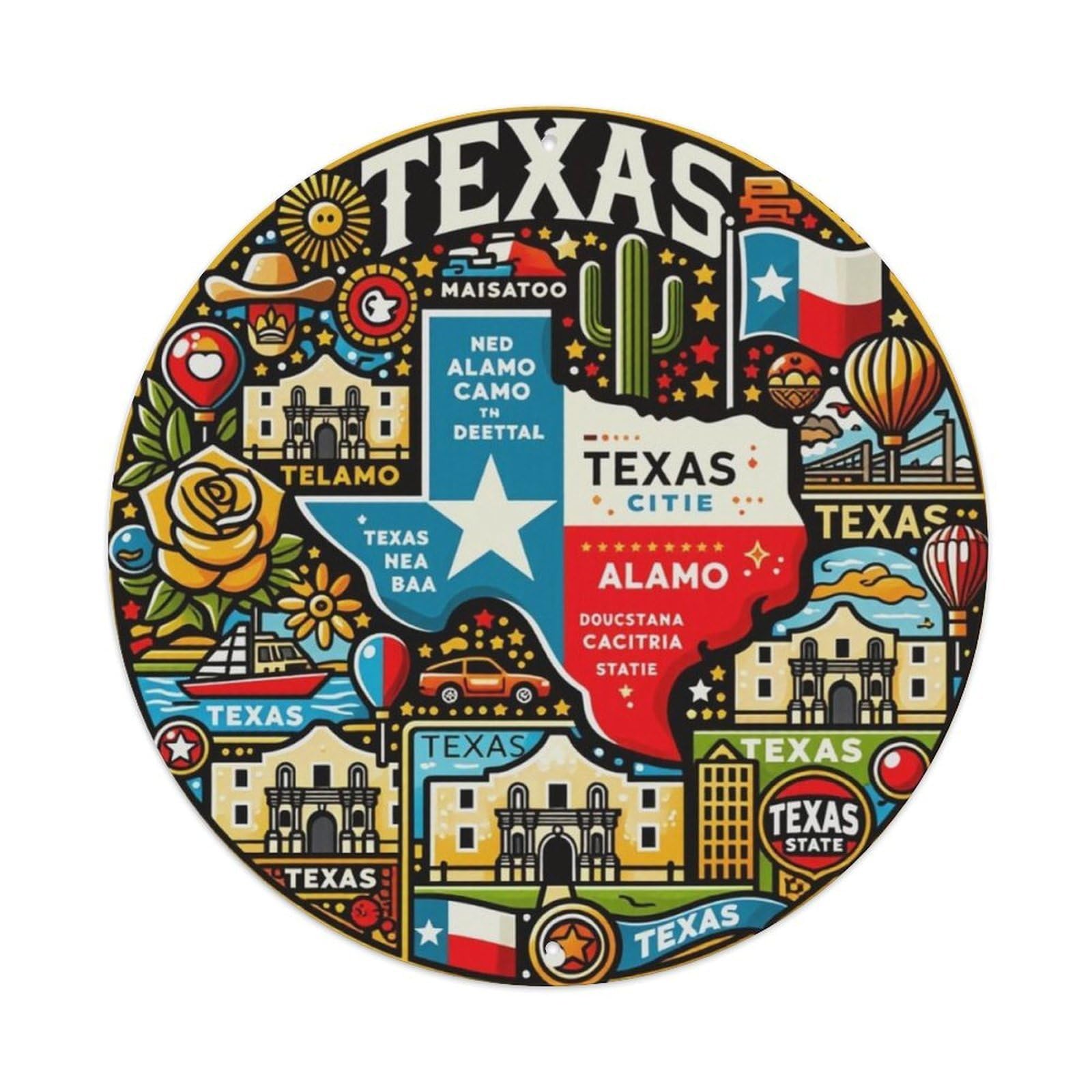 American Texas Landmark Folk Style Round Sign Vintage Aluminium Metal Sign, Retro Wall Decor for Home, Bar, Garage & Farmhouse 20x20cm