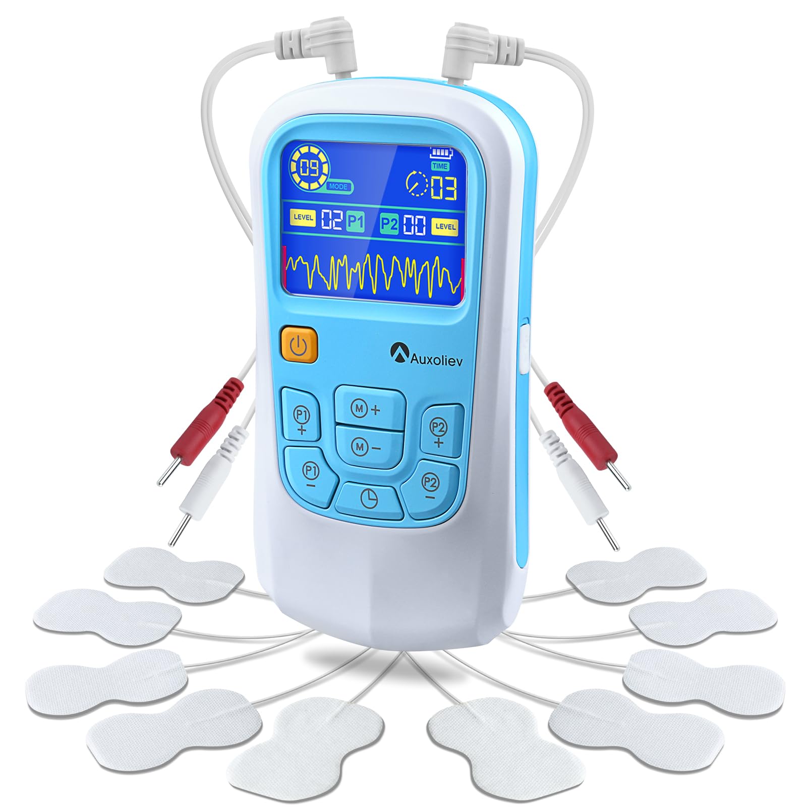 Auxoliev 2012A Elettrostimolatore muscolare, TENS/EMS, 25 modalità per alleviare il dolore e trattare schiena, collo, articolazioni, sciatica e corpo - Blu e bianco
