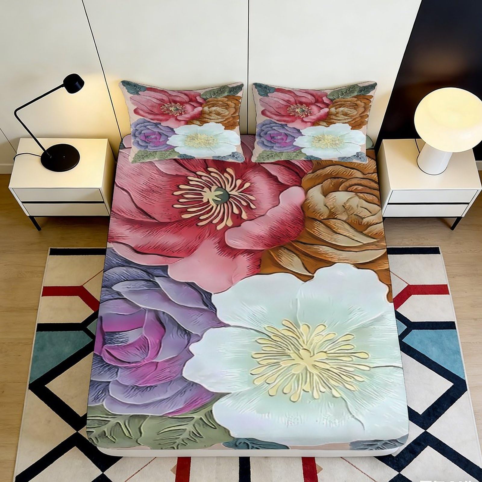 3D Printed Peony Floral Fitted Sheet Microfiber Soft Bedroom Decor Large Blossom Mattress Cover Washable 90x200x25cm