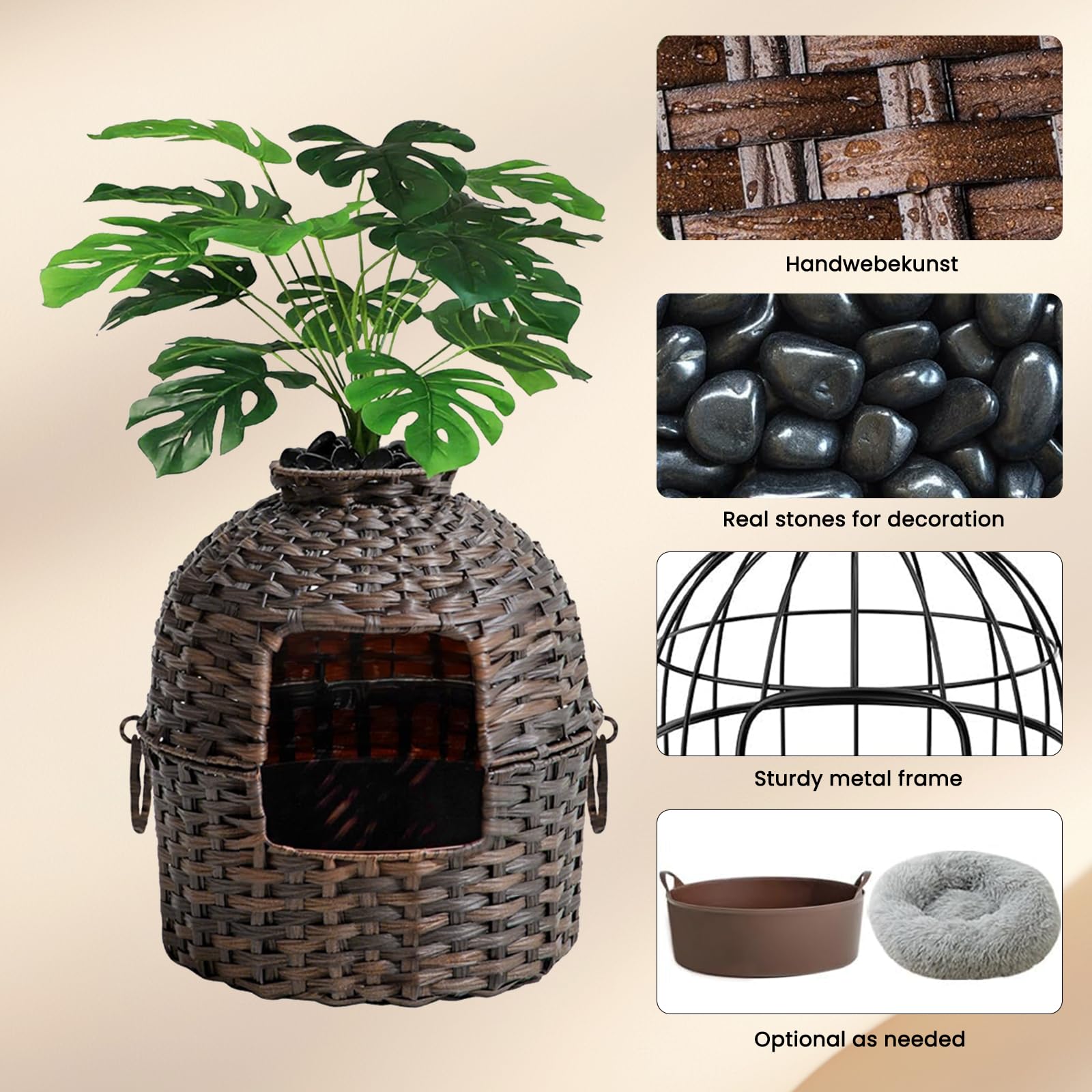 LEEJARD Katzentoilette Versteckt - Rattan Design Mit Deko-Pflanze | XXL Für Große Katzen | Wohnzimmertauglich