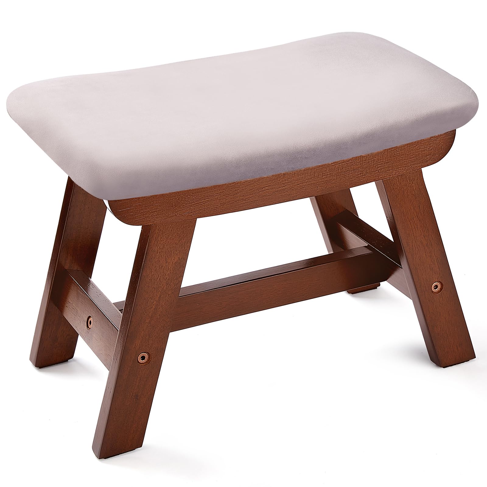 16" Foot Stool Ottoman- Velvet Fabric Small Foot Stool Ottoman with Padded Seat - 1 Step Wooden Step Stool for High Bed, Under Desk Footrest