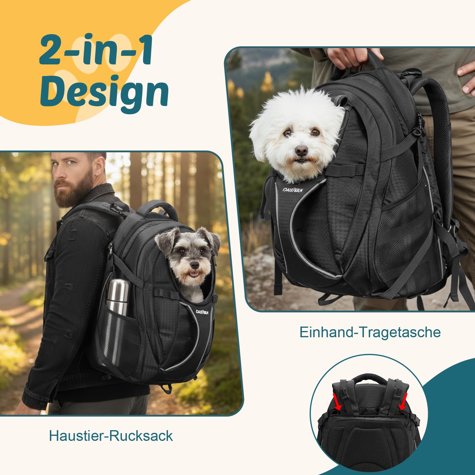Hunderucksack Wandern bis 8KG, Ergonomischer Katzenrucksack mit Laptopfach & Bequemes Sitzkissen, belüfteter 600D-Nylon-Rucksack mit Verstärkung für Spaziergänge, Camping & Pendeln, Schwarz