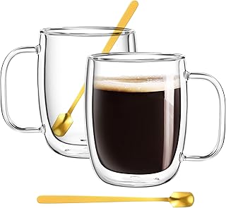 2-Pack 16 Oz Double Walled Glass Coffee Mugs with Handle Spoon,Insulated Layer Coffee Cups,Clear Borosilicate Glass Mugs,Perfect for Cappuccino,Tea,Latte,Espresso,Hot Beverage,Wine
