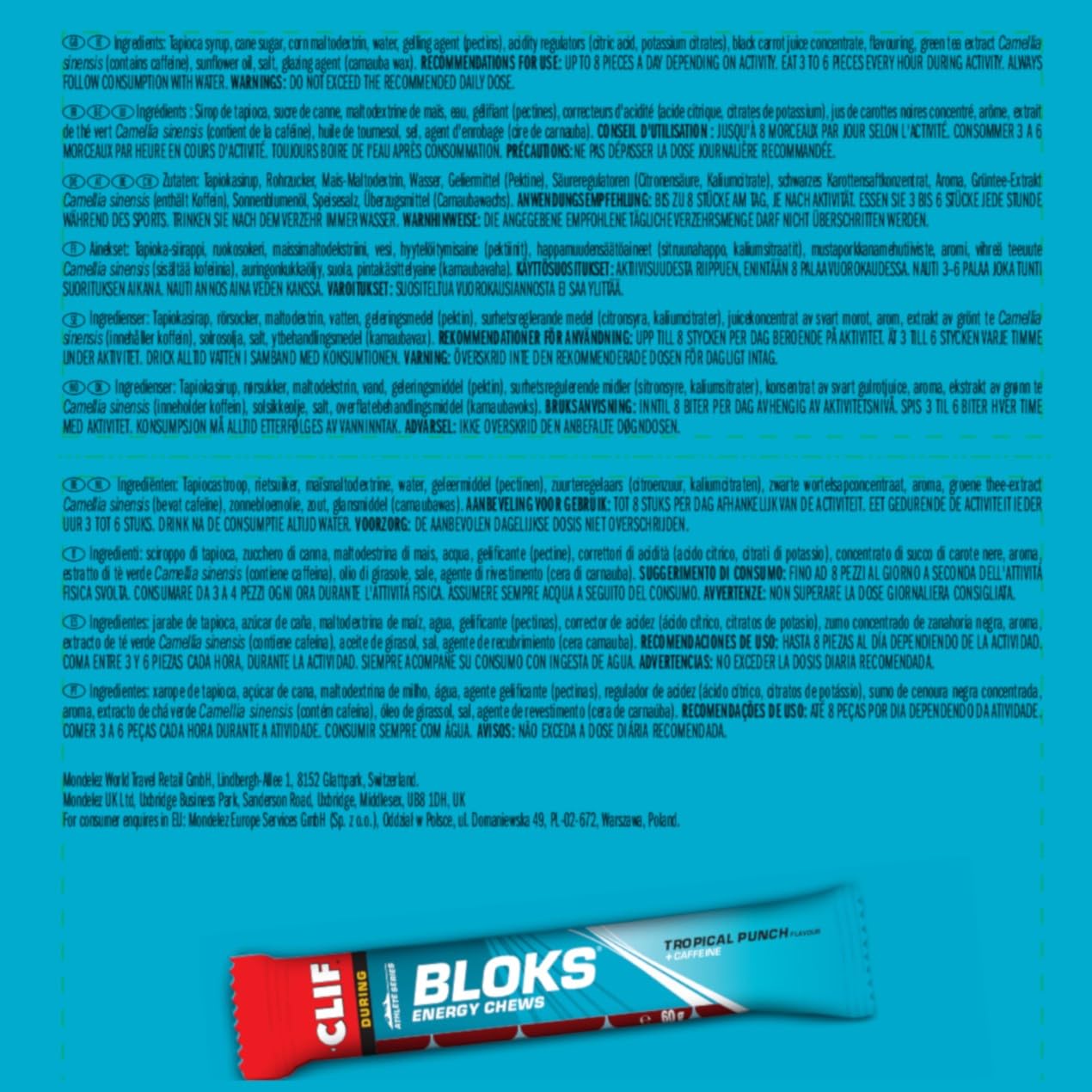 CLIF BLOKS Tropical Punch + Caffeina Gommose Energetiche, 18 x 60 g