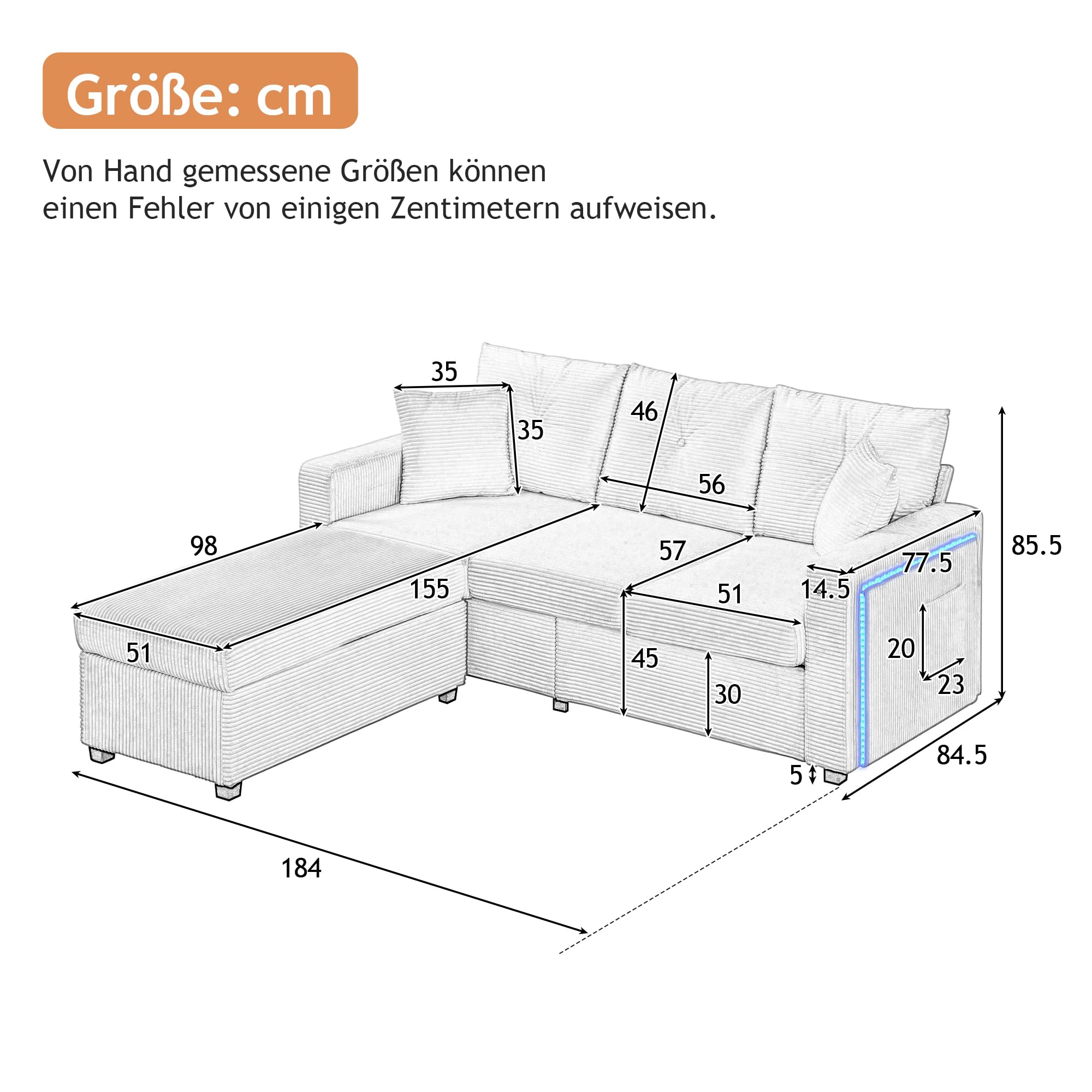 Divano angolare modulare a forma di L in tessuto a coste, divano con funzione letto, divano con illuminazione a LED, tasche laterali, sgabello regolabile e 2 cuscini, per soggiorno e camera da
