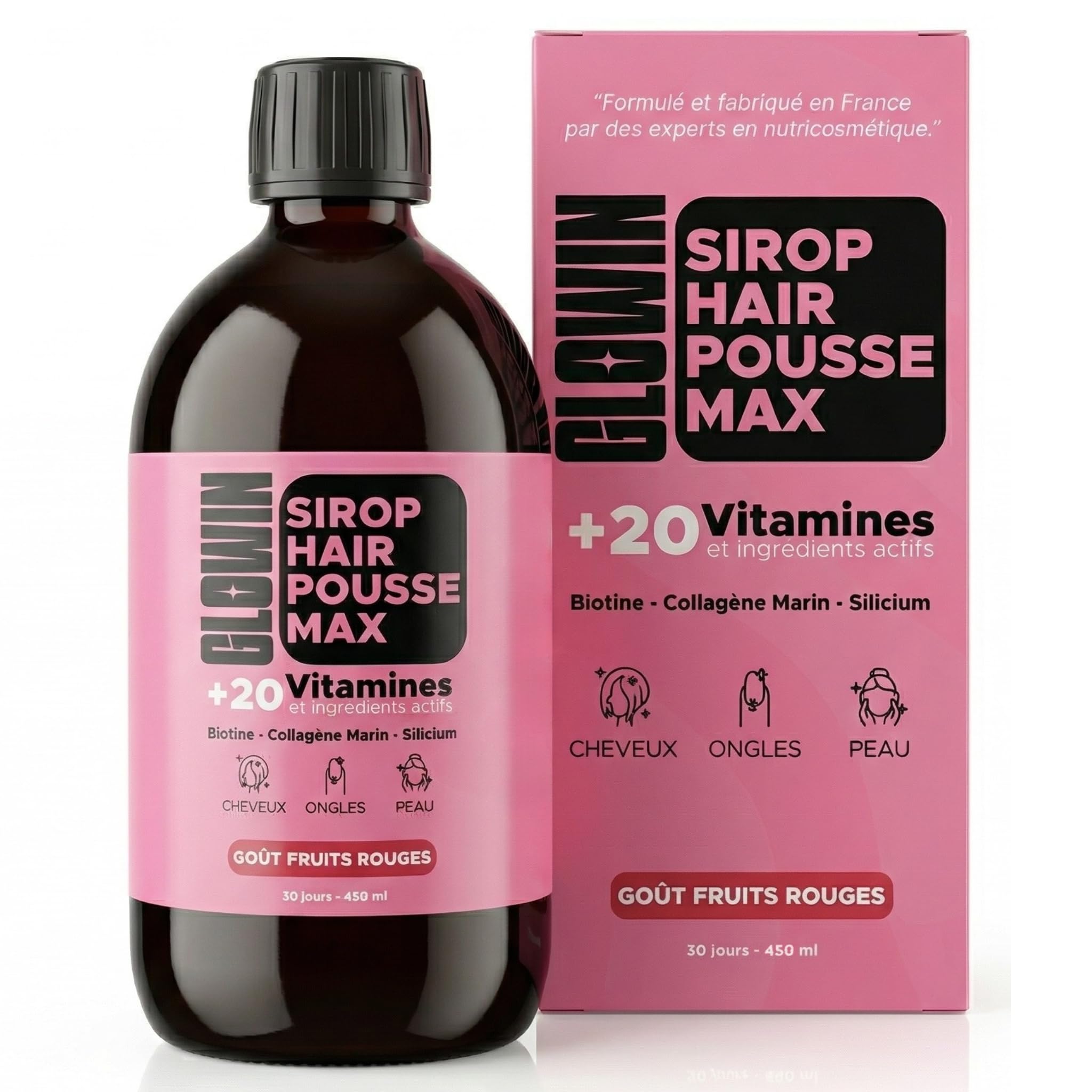 Glowin Sirop Hair Pousse Max - Complément alimentaire cheveux femme liquide - Biotine, Zinc, Sélénium, Collagène marin, Ortie, Courge, Saw Palmetto - Cheveux fins et cassants (Fruits Rouges)