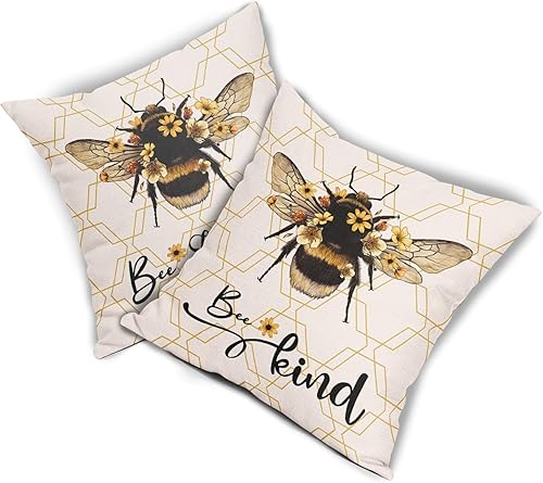 Miniatura 7 de Sweetshow Juego de 2 fundas de almohada Summer Bee de 20 x 20 pulgadas, fundas de almohada de lino tipo granja para el hogar, sofá, patio,