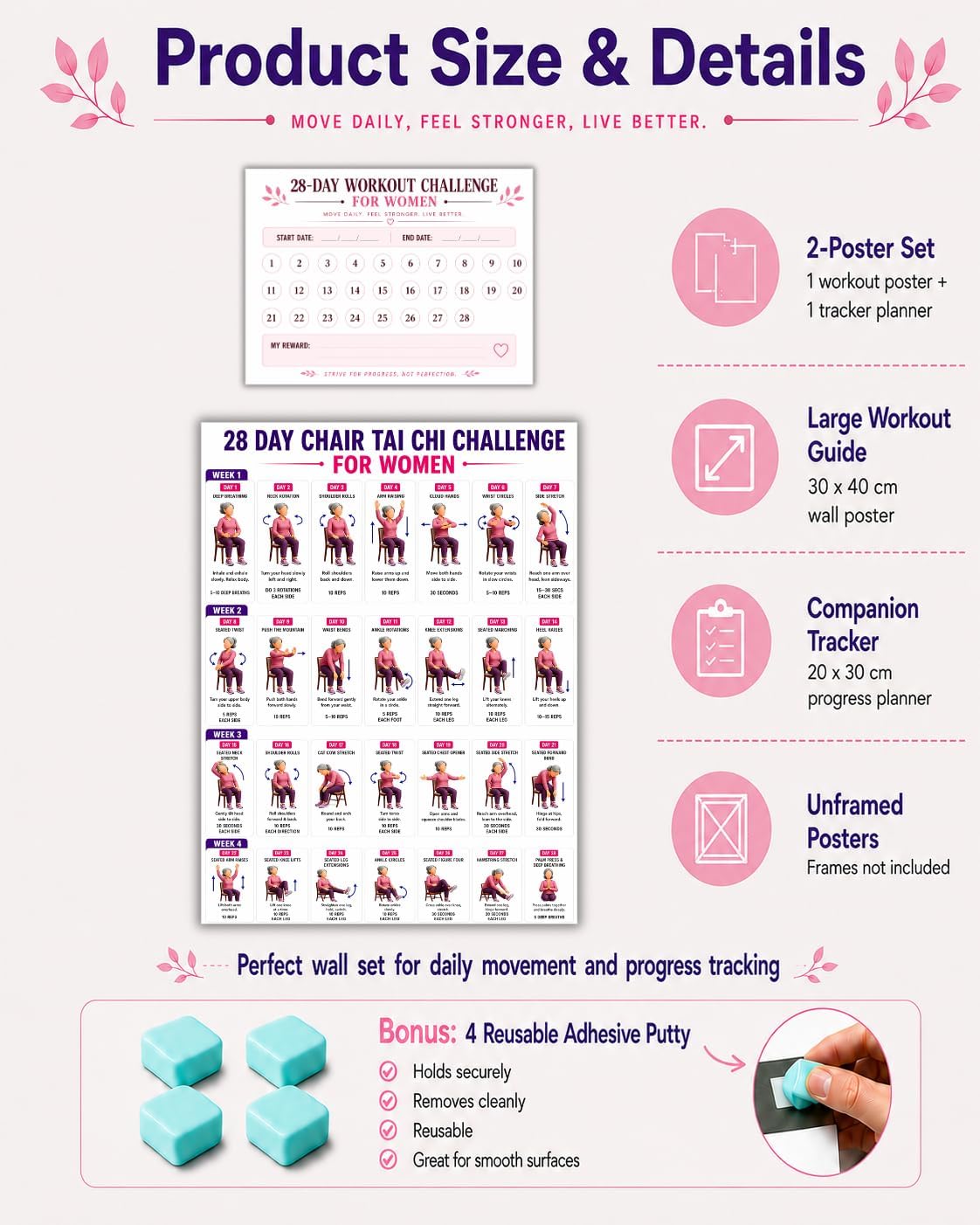 Chair Tai Chi Challenge Chart for Women & Seniors | 28-Day Guided Seated Workout Poster with Progress Tracker & Removable Adhesive Putty | Balance, Strength & Mobility | Thoughtful Wellness Gift, 12 x 16 Inch Unframed