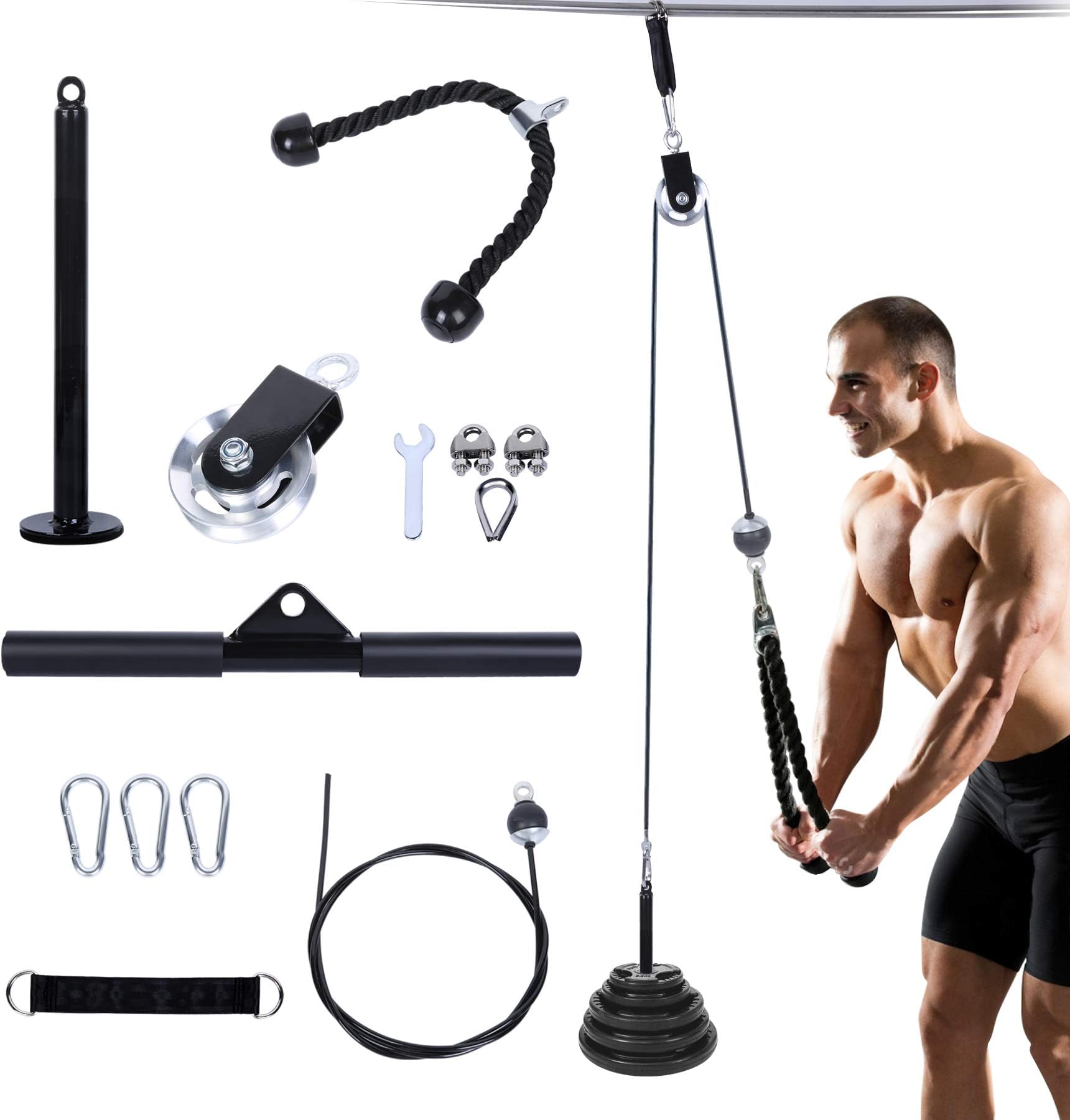 TIXTEM LAT Pull Down Machine Attachment Cable Pulley System Gym Tricep Rope Bar Workout,Biceps,Arm,Shoulders Exercise for Home Strength Training Fitness Equipment