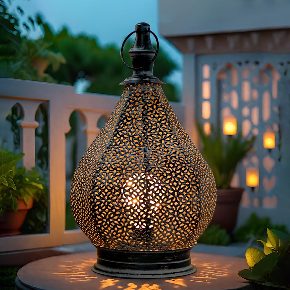 TRIROCKS Moroccan Style Metal Table Lamp 29cm High Battery Powered Hanging Cordless Lanterns with LED Edison Bulb for Home Living Room Garden Yard Patio Parties Tabletop Indoors Outdoors (Grey) [Energy Class A+++]