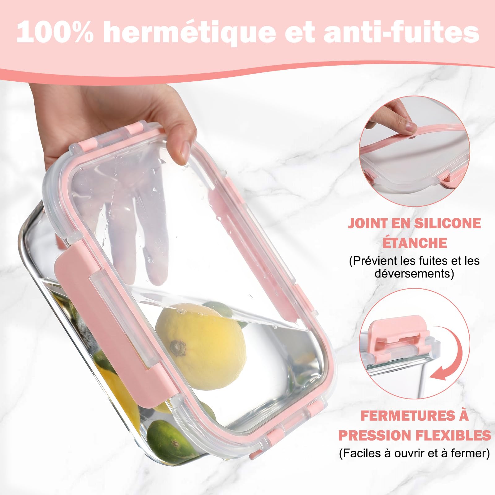YASHE Set of 12 Reusable Glass Lunch Boxes with Airtight Lids - BPA Free, Microwave, Oven, Dishwasher, Freezer, Pink