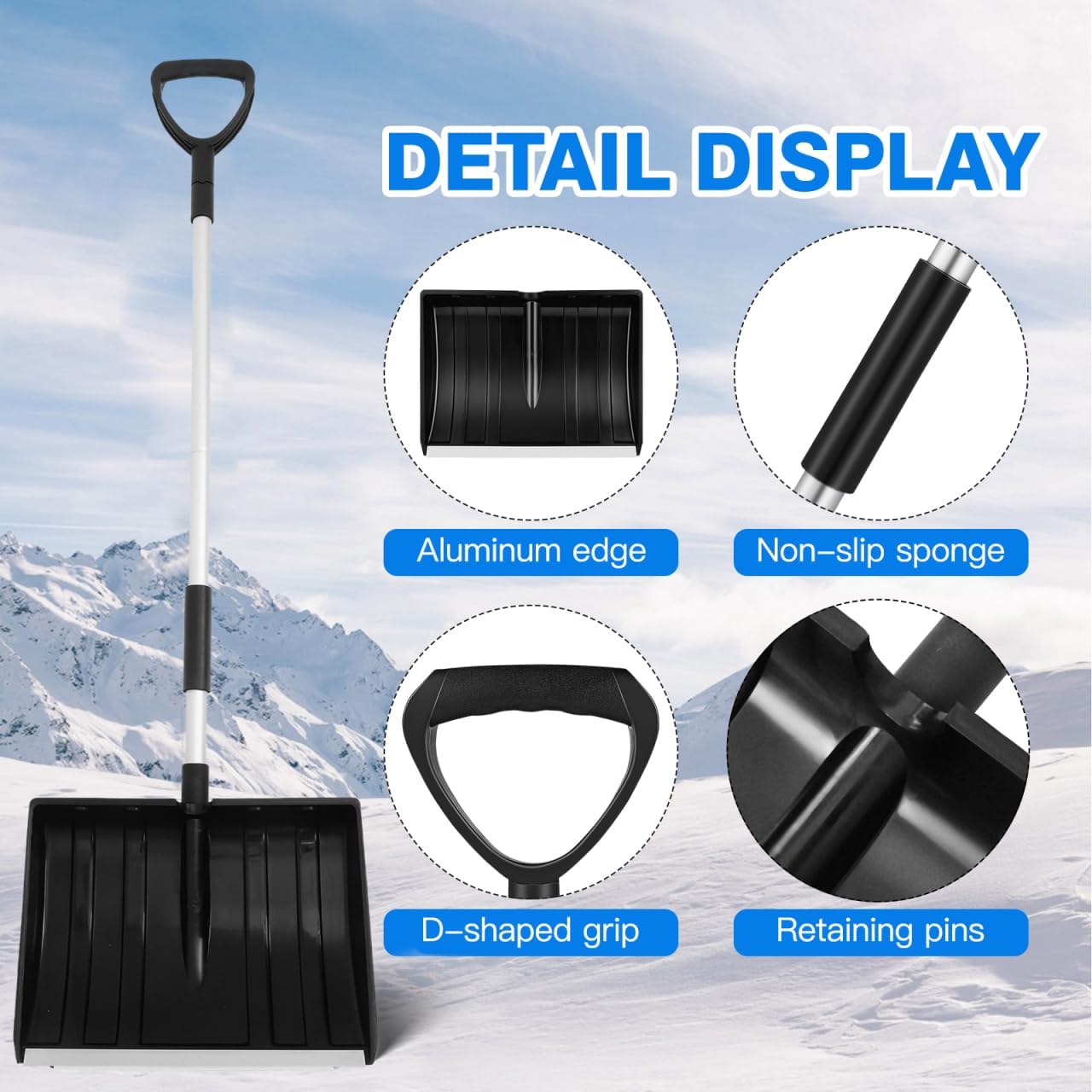 Yardwe Extended Aluminum Snow Shovel with Ergonomic D-Handle Portable Foldable Ice and Snow Remover Tool for Driveway Car Garden Camping and Road Use