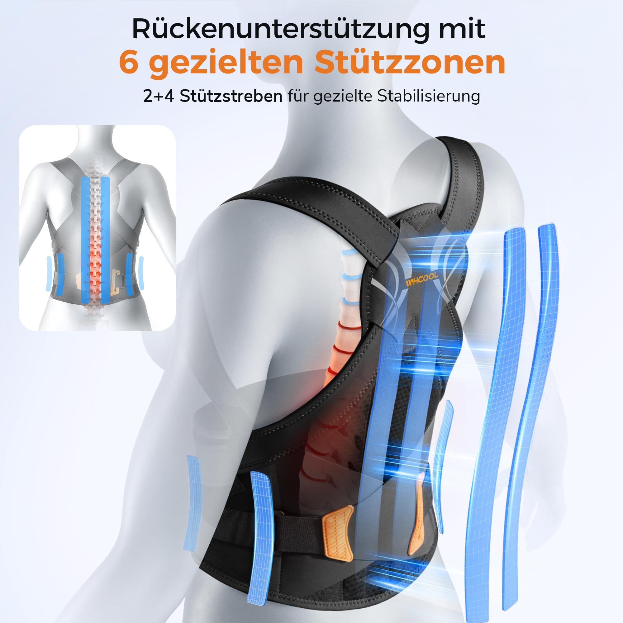 Leicht-Passform Rücken Geradehalter,Rückenstützgürtel Haltungskorrektur Damen Herren mit Kreuz-Zuggurte&6 Stützstäben,15% Länger Haltungstrainer Rückengurt,Breiten Gepolsterten Schultergurte,L