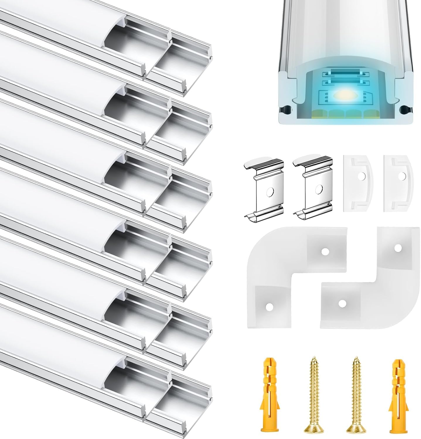 LED Aluminium Profil 12 x 1m LED Aluminium Profil mit Weiß Milchige Abdeckung, Endkappen, und Montageklammer für LED-Streifen (U-profil-silbrig-12m)LED-Streifen Nicht Im Lieferumfang Enthalten