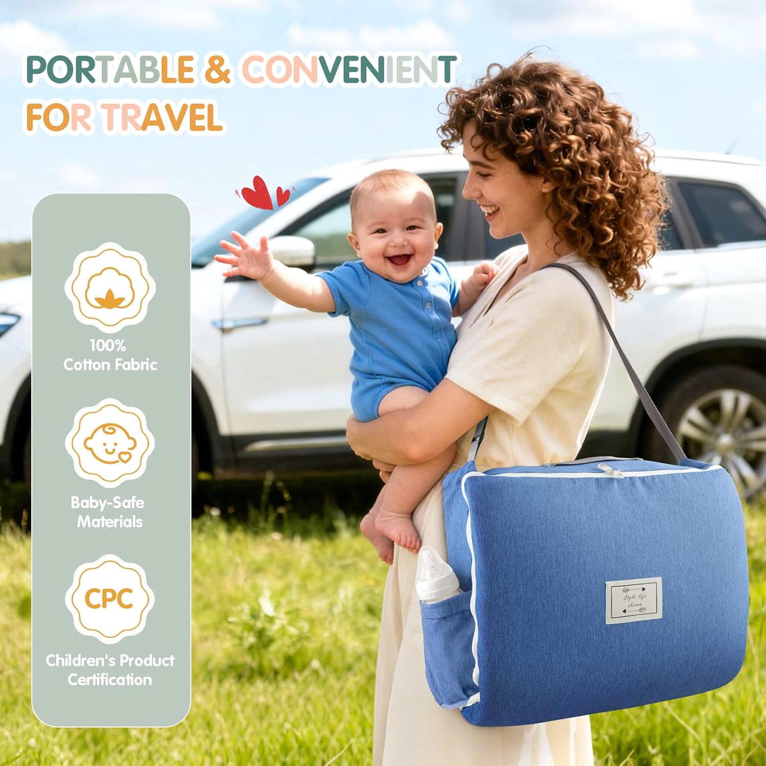 Portable Baby Lounger - Foldable Infant Lounge with Adjustable U-Shaped Bumper & Storage Bag, Breathable Cotton Snug Spot for Supervised Rest & Play at Home or On The Go,Blue Crown - Image 2