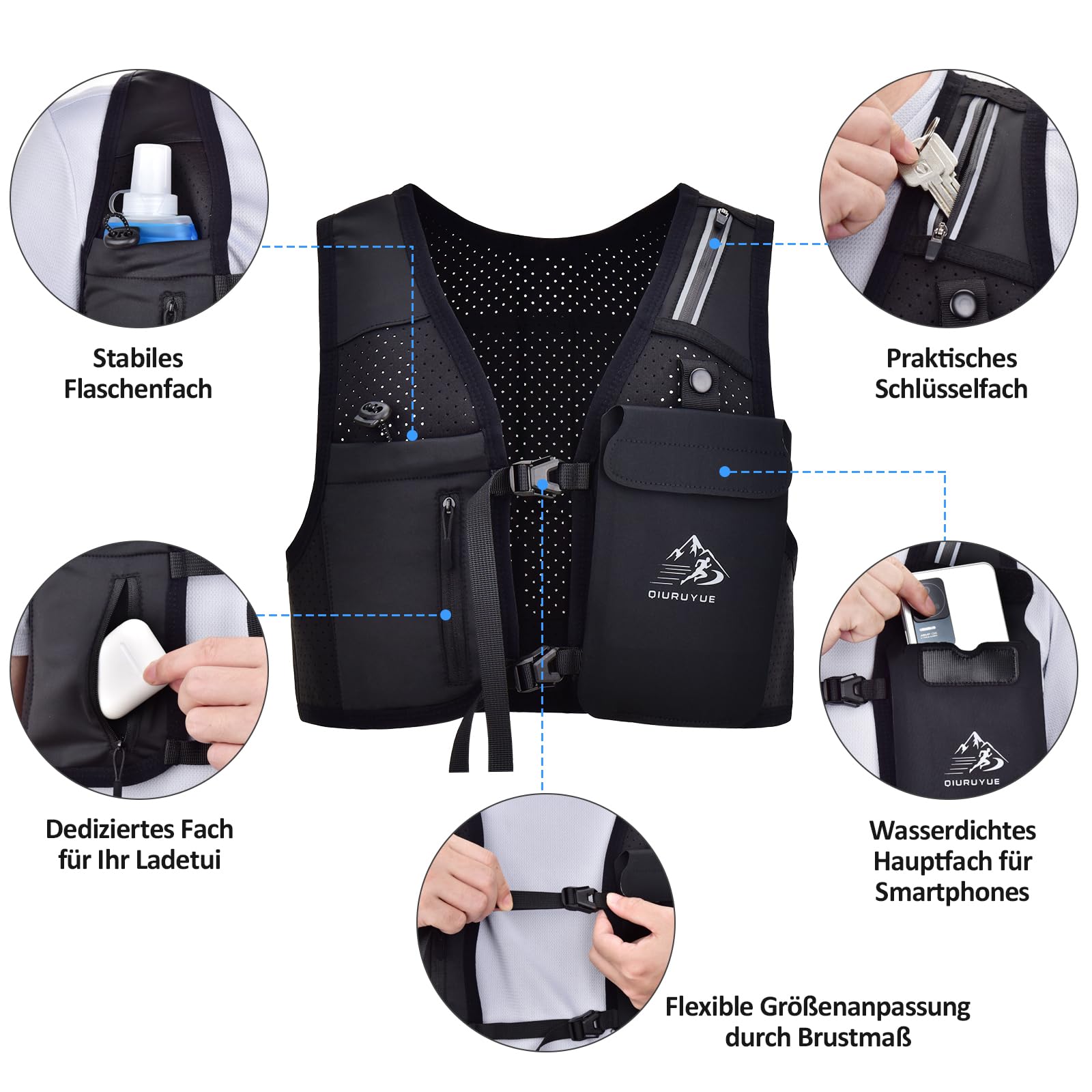 Gilet de course pour homme et femme, brevet européen original, sangles de poitrine réglables, gilet d'hydratation avec bouteille d'eau de 500 ml, sac à dos d'hydratation réfléchissant avec