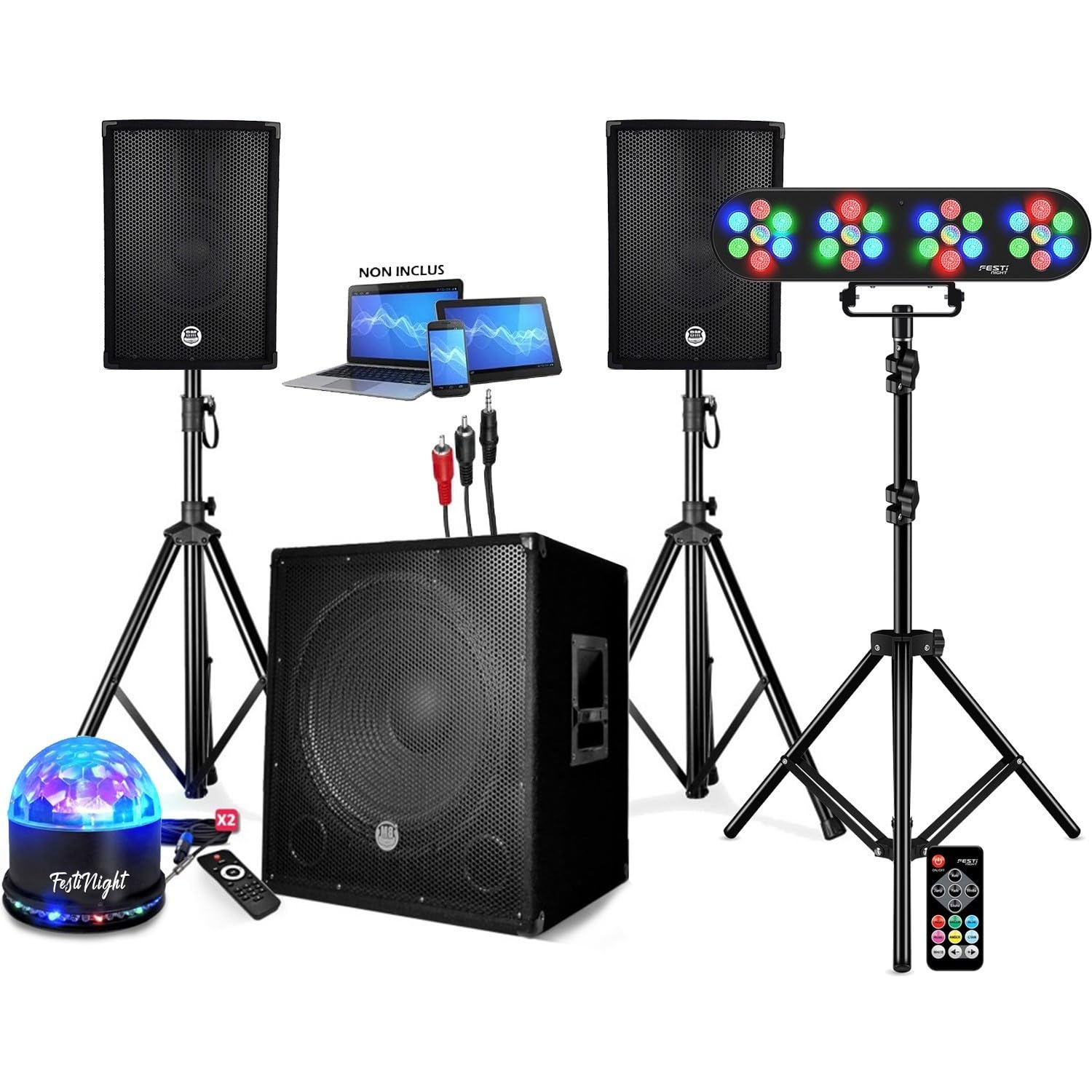 PACK SONO DJ ENCEINTE +CAISSON DE BASSES USB Bluetooth +PIEDS +CABLES HP/PC offerts, 4 PAR LED, TRÉPIED, TÉLÉCOMMANDE, PLUG&PLAY