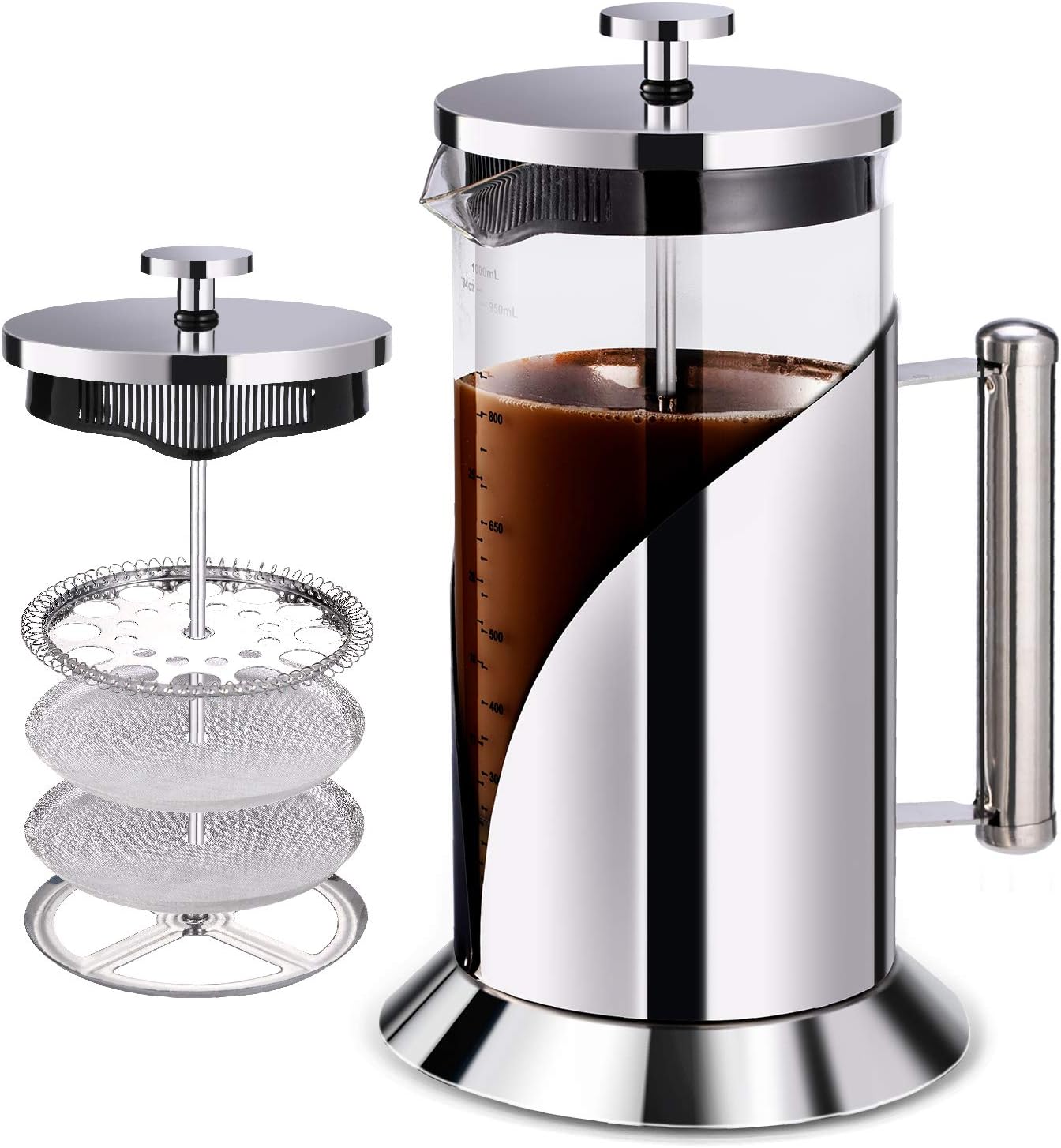 French Press Coffee Maker - 304 Grade Stainless Steel Coffee Maker - 4 Level Filtration System - Heat Resistant Borosilicate Glass - Coffee Press 34oz Bistro@Home