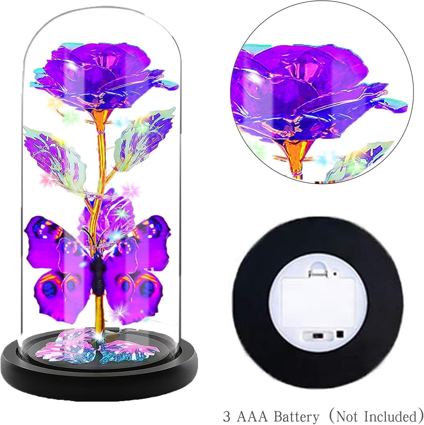 Valentines Day Rose Glass Flowers Gifts for Her, Galaxy Crystal Light Up Rose in A Glass Dome, Valentines Day Gifts for Mom Wife, Valentine Birthday Gifts for Women,Purple Butterfly - Image 3