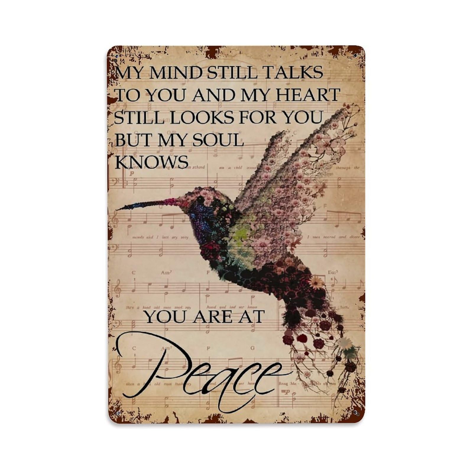 Jdfenggu Vintage Hummingbird Floral Music Sheet Art Retro Metal Tin Sign, Decor Art Poster For Bar, Home, Man Cave, Kitchen, Laundry Room Gift 8X12inch