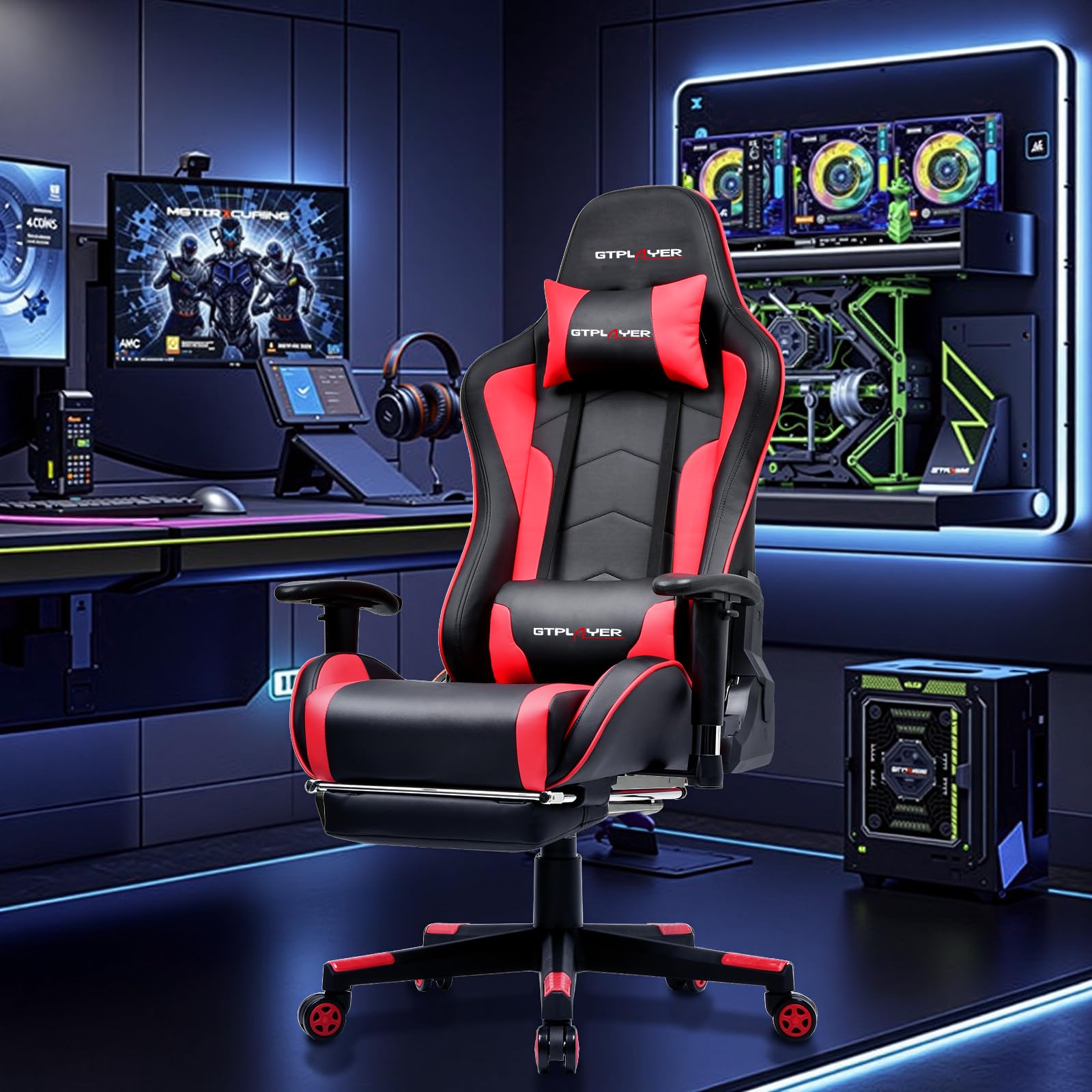 GTPLAYER Gaming Stuhl mit Fußstützen Lautsprecher Bluetooth, Gamer Stuhl Ergonomischer Computerstuhl Bürostuhl Schreibtischstuhl PC Stuhl mit 3D-Armlehnen, 200KG, Rot
