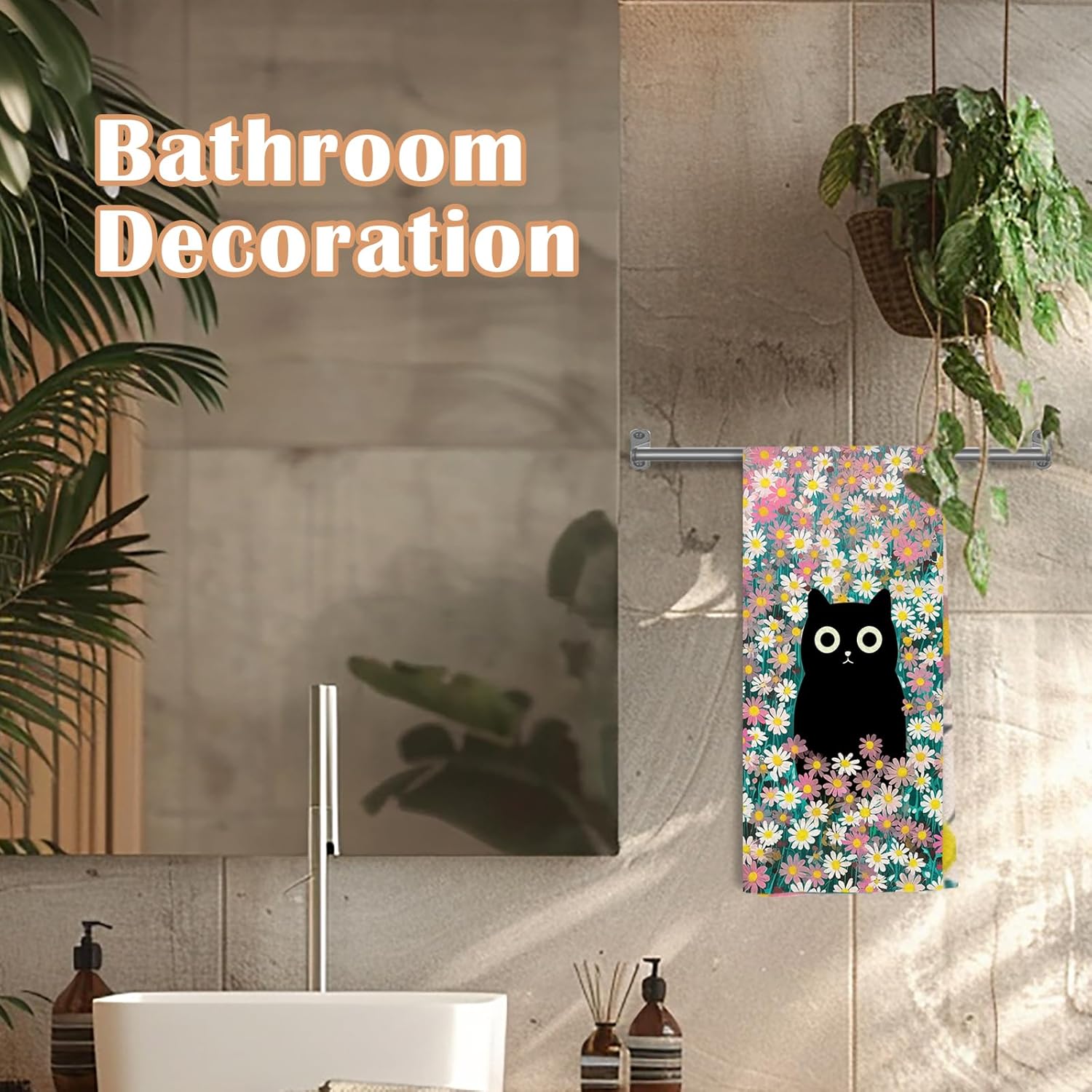 Pink Meadow Floral Black Cat Decorative Kitchen Towels, Cat Lover Mom Lady Gifts, Aesthetic Cute Black Kitten Flower Hand Tea & Dish Towels for Bathroom Kitchen, 16x24 Inch - Image 5