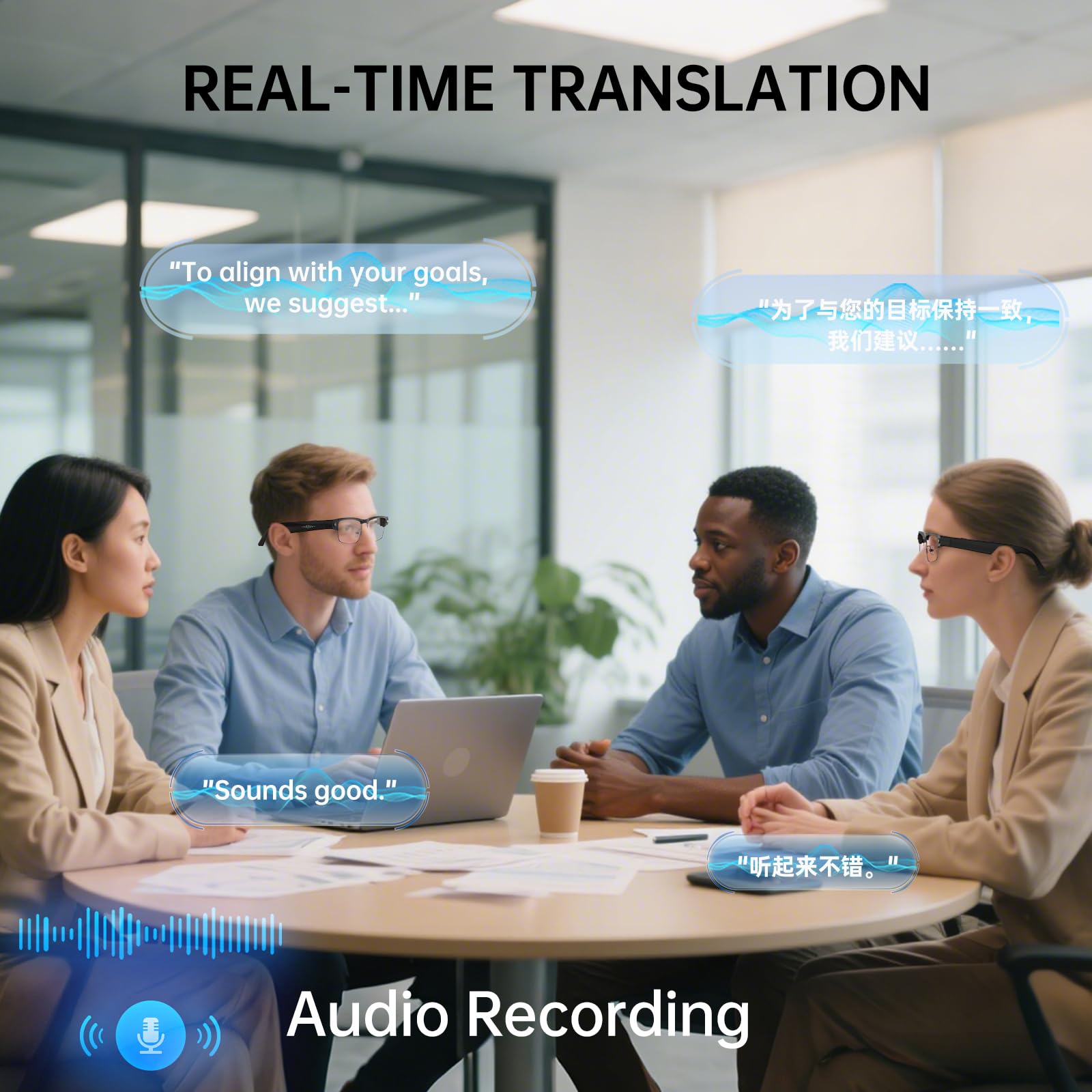 Occhiali Intelligenti con telecamera , Registrazione videocamera, Audio Open-Ear, ANC,Chiamate, smart ai glasses fotocamera alla Moda con Protezione UV, WiFi e Traduzione in Tempo Reale per Uomo Donna