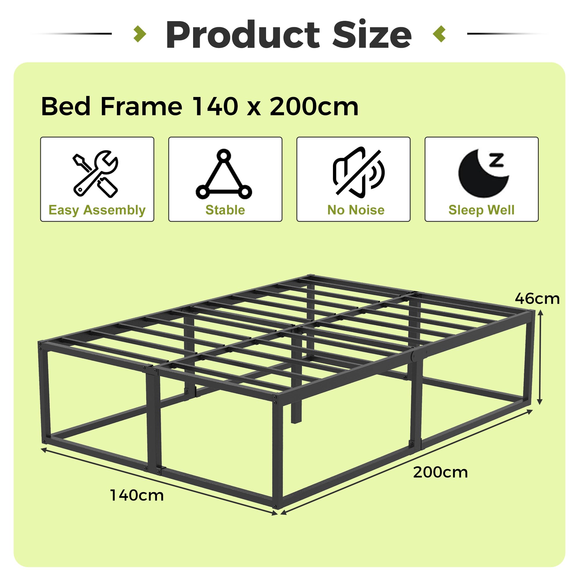 EMODA Struttura Letto Matrimoniale 140x200 cm, Letto a Piattaforma in Metallo 46 cm Alto e Resistente con Supporto Doghe in Acciaio, Ampio Spazio Sottolato, Silenzioso, Facile Montaggio, Nero