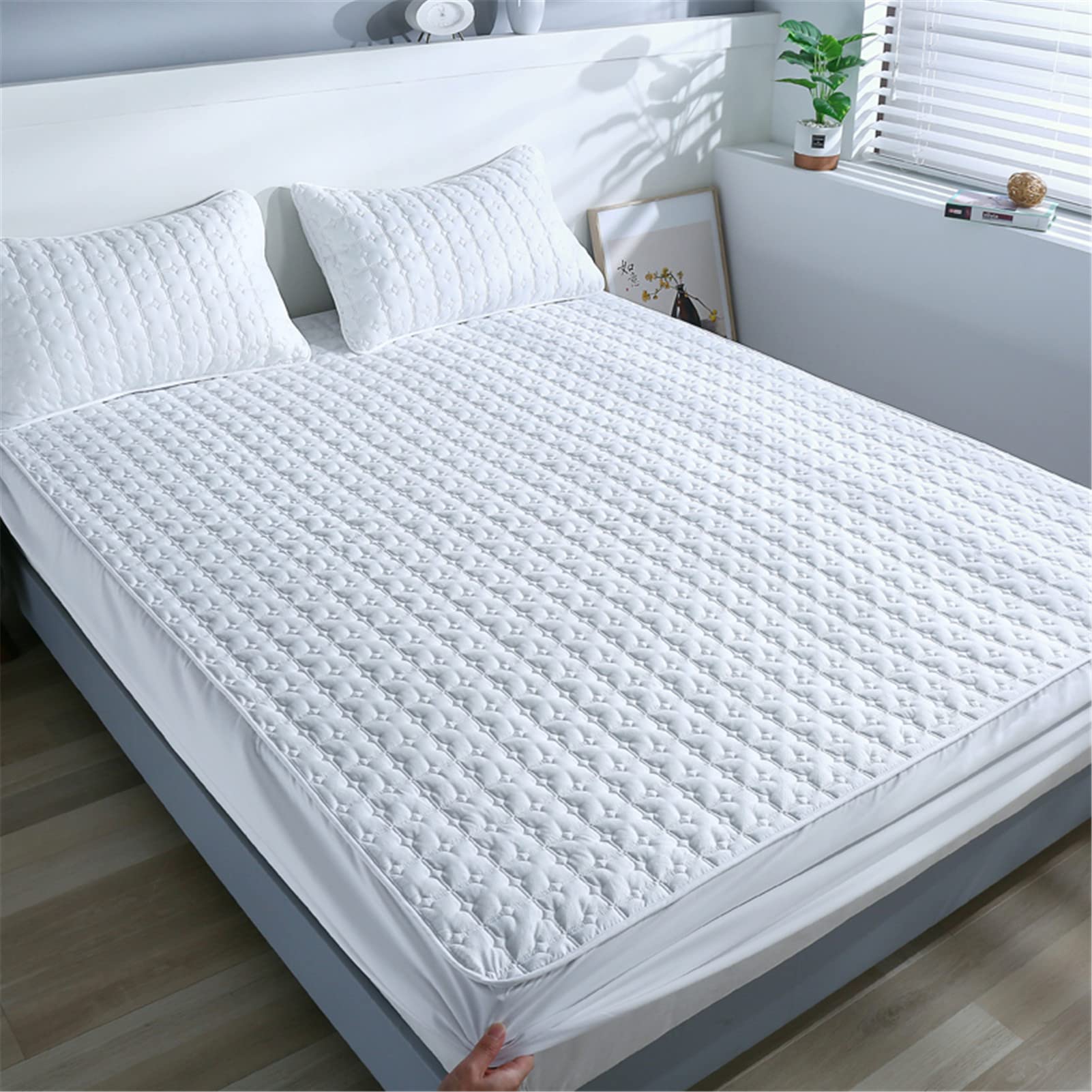 Protector Colchón, Protector de colchón Acolchado con Triple Relleno, Funda Colchon de Rizo Transpirable y Hipoalergénico, Antiácaros (Blanco,Thin 200x220cm)