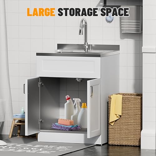 Miniatura 5 de Fregadero de lavandería con gabinete, acero inoxidable duradero de cuerpo completo, fregadero de acero inoxidable de 25 pulgadas más ancho,