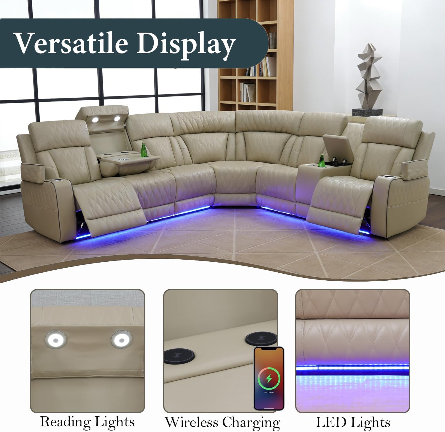 Power Recliner Sectional Sofa Set, Beige Leather Sectional Couch and Loveseat for Living Room, L Shape Reclining Sofa with Cup Holder, Hidden Storage, Drop-Down Table for House(8 Seat)