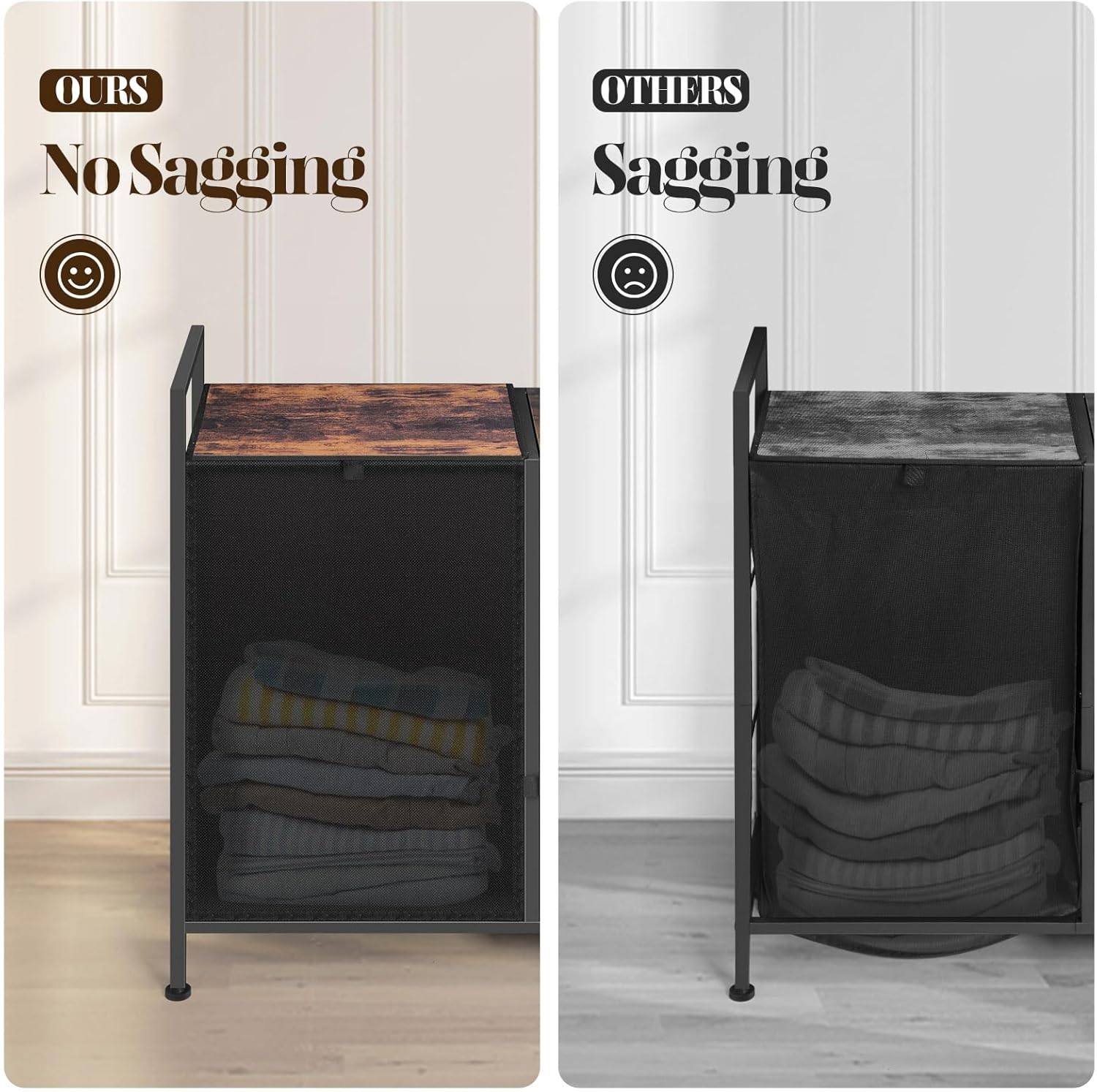 Laundry Hamper, Laundry Basket, Laundry Sorter with 3 Cloth Drawer and 1 Large Removable Dirty Clothes Bag, Shelf, Metal Frame, Wooden Tabletop, 30.8 x 11.3 x 29.1 Inches, Rustic Brown and Black