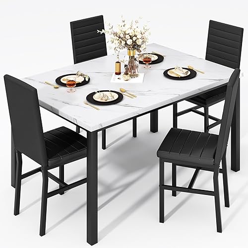 Miniatura 10 de Lamerge Juego de mesa de comedor para 4, mesa de mármol sintético y 4 sillas de piel sintética, 5 mesas de cocina y sillas para 4, juegos de mesa de