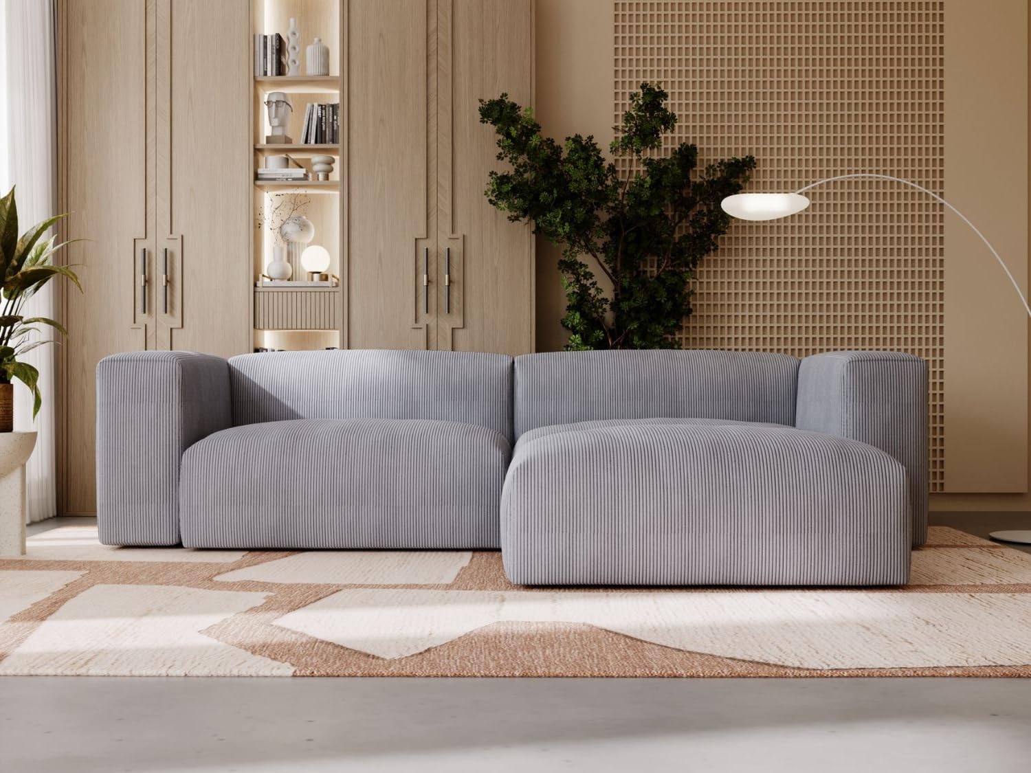 GRAINGOLD Landi Ecksofa 248x180 cm, L-Form Sofa, Ecksofa für Wohnzimmer, Cord Stoff, 4-Sitzer Eckcouch, Modernes Design (Grau, Rechts)