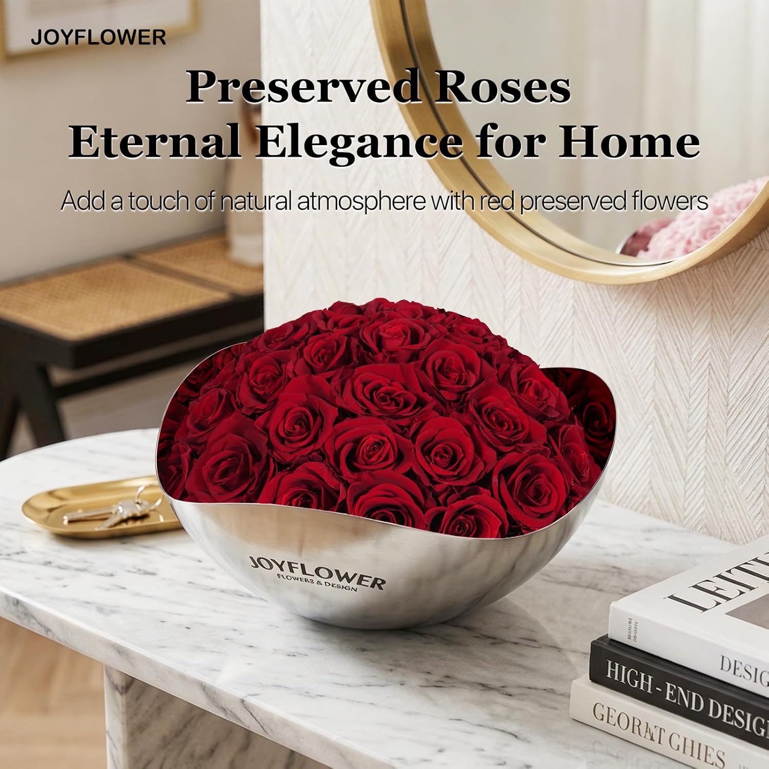 JoyFlower Preserved Flowers Decor, Eternal Roses in Stainless Steel Bowl Decors for Table Centerpiece, Forever Flowers Decorations for Home Living Room Bedroom Coffee Shop House Office(Large, Red)