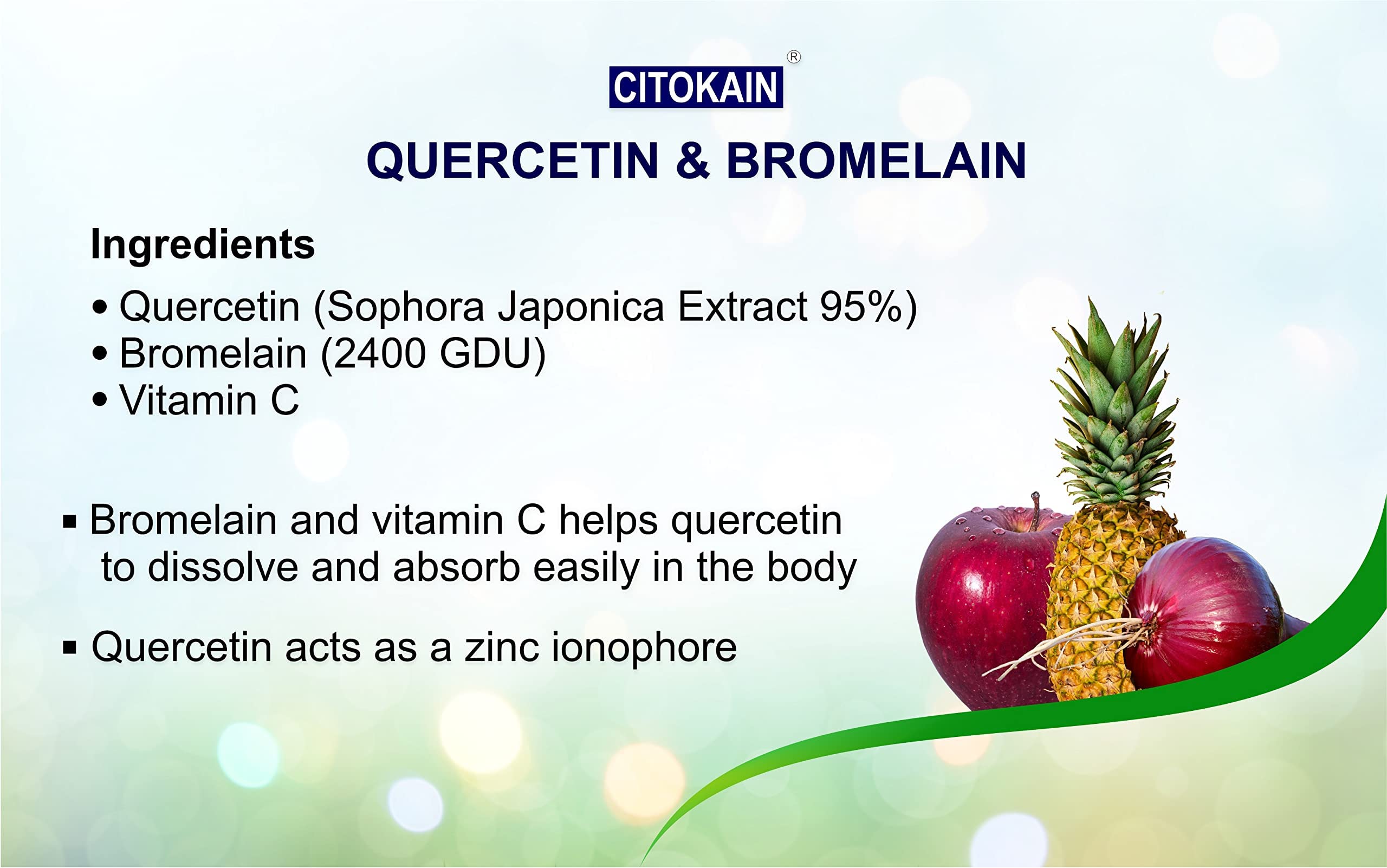 Citokain, Quercetin and Bromelain 60 Capsules, Quercetin - 400mg, Bromelain - 300mg (pack of 1)