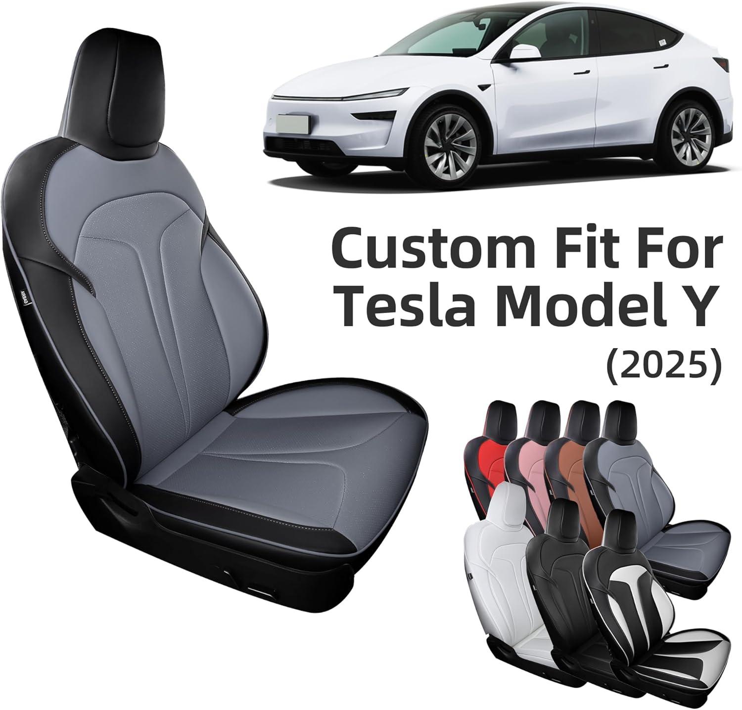 Custom Fit Seat Covers for 2025 2026 Tesla Model Y Juniper (5-Seater), Waterproof Breathable Nappa Leather, OEM Factory Style Full Set Car Seat Protectors Airbag Compatible - Black+Grey