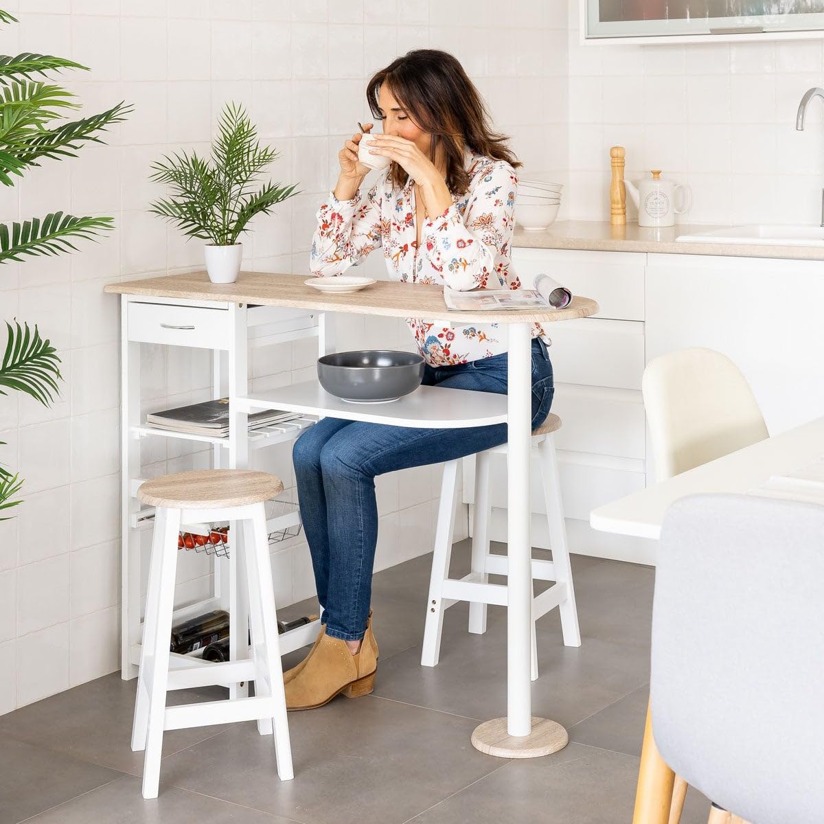 LOLAhome - Pack de 2 taburetes de Cocina de Madera Blanco y Natural de 54 cm. para mesas Altas o Barras de 80-85 cm. Asientos Redondos de Estilo nórdico Que ocupan Poco Espacio. hasta 100 kg