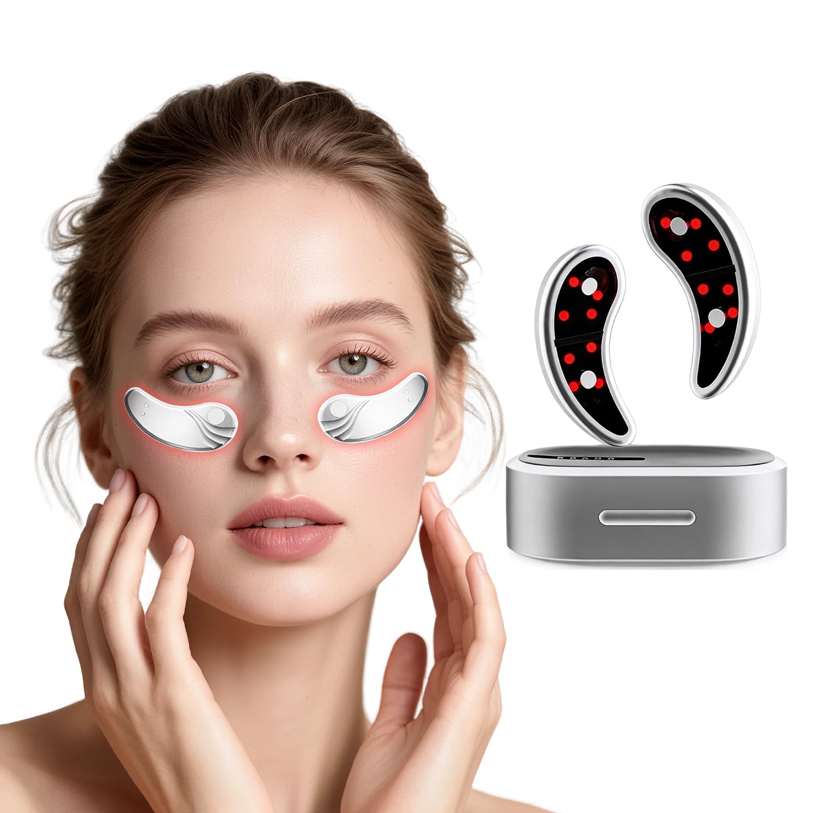 Dispositivo Portátil de Masaje de Ojos con Luz Roja, Dispositivo de Masaje de Ojos Recargable, Parches LED Bajo los Ojos Contra Ojeras, Hinchazón, Arrugas y Rejuvenecimiento de la Piel