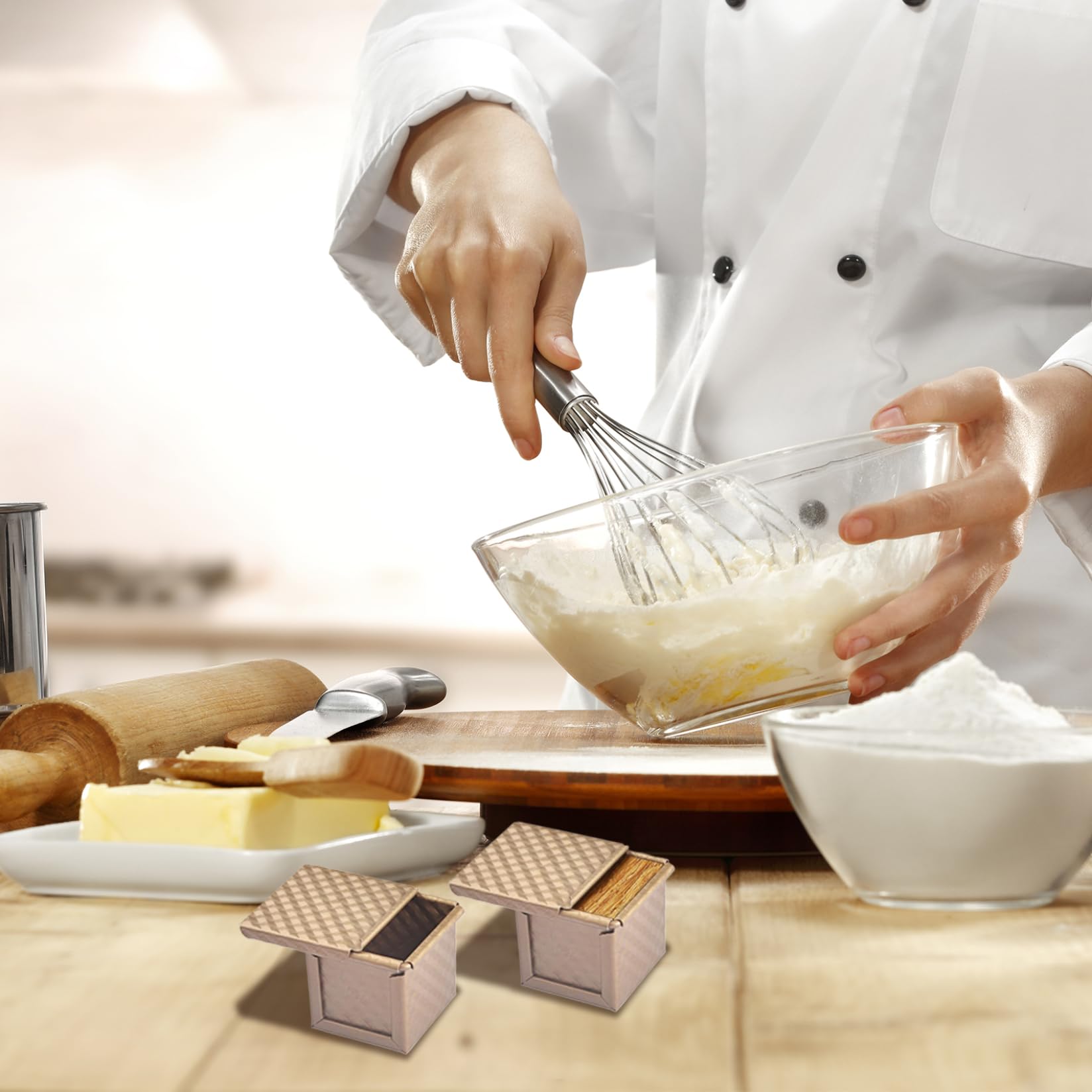 Pullman Molde para pan con tapa, 4 moldes para pan en forma de cubo, antiadherente, para hornear , mini moldes corrugados de 2, 4 x 2, pulgadas con orificios de ventilación inferiores, caja de..