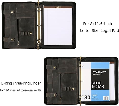 Miniatura 4 de YLYYHH Carpeta portafolio de 3 anillos, carpeta de cuero para zurdos, carpeta con cremallera para mujeres, organizador de cuero para hombres (marrón